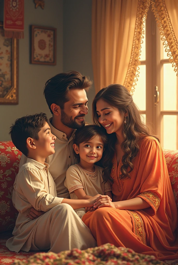 happy family in a comfortable and prosperous environment, symbolizing financial and family blessings.