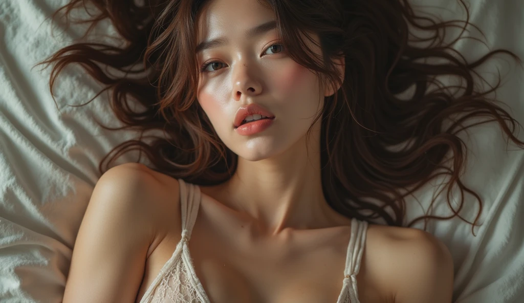 ((masterpiece)), ((Best Quality)), ((Muscular body)),(((Full body preview))), (The Most Beautiful Asia　Portrait of a European Girl), Perfect eye for detail, Perfect detail on the face, Very elaborate nose, Open your mouth,  Close your eyes, Perfect Teeth, Sharp body,  Charming, Perfect Face, High resolution, ((Incredibly realistic skin texture)), (Well-proportioned limbs), Thin lips, Random Color Hair, Wet Hair, Floating multicolored hair, Narrow waist, (Sweaty body), Dripping Sweat,  Realistic body, Five beautiful fingers and toes, 1 person,  (((Warm, transparent gauze clothing))), ( Wet clothes), kneel, (Rub against the cushion), ((Rubbing the groin)), Deflect away ((wide angle shot))