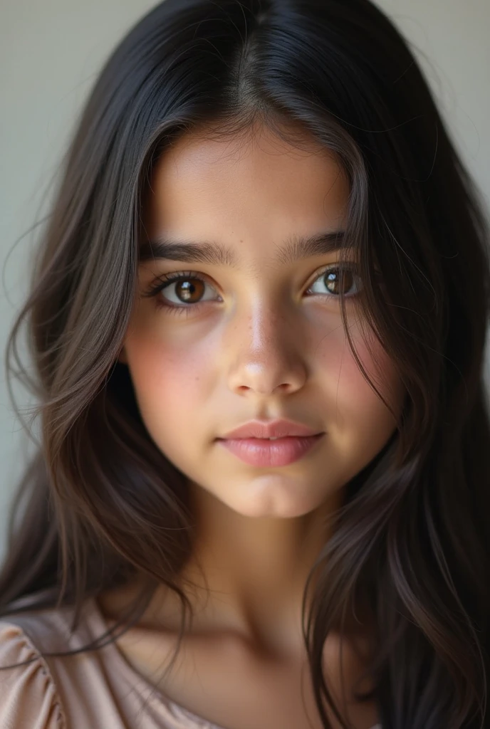 A 14-year-old girl. Brown-haired woman with slightly wavy hair. Her appearance is unusual, half American, half Egyptian. The skin color is light and slightly narrow dark eyes, sharp facial features with a snub-nosed, pointed nose and medium lips.