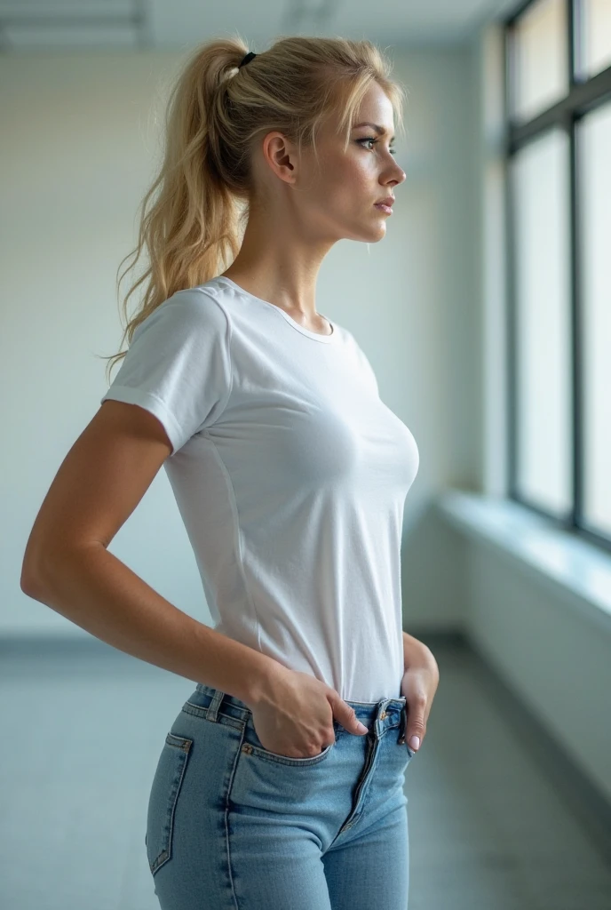 ((vagina)), Beautiful girl, model body, big blue eyes, Small breasts, long legs, medium hoop earrings, cap, cups, Large T-shirt, leggings, bottom shot, Very white skin, long hair, Wavy hair , Blonde hair, cabin in the woods, photorealistic, indirect lighting, volumetric light, specular light, ray tracing, Hyper-detailed, best quality, ultra-high resolution, hdr, 8K, pose looking out the window