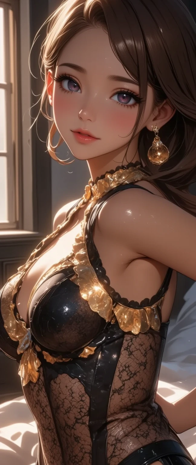 4K, A high resolution, Best quality at best, masterpiece, perfect colors, perfect shadow, perfect litthing, ((sportrait)), 1woman, fit-muscled body, bright yellow eyes，dark blue hair , blue eyes, With round lenses, The audience watched carefully, (s face: 1.2), Perfect female figure, ((standing)), ((beautiful queen in yellow dress suite, luxurious yellow tight crop top yellow roses and skull adorn her cloth, (yellow bikini, yellow roses, gold skull ornamental, yellow dark))), ((shy and looking at viewert)), (Perfect thick white eyebrows) Delicate fur, 详细s face, s the perfect face, At a fantasy cyberpunk city , (model pose standing), energetic abstract background, perfect cyberpunk city skyscape, lighting atmosphere, ((Bonifasko lighting)), (The round lenses on his eyes)(detailed eyes), Perfect student, ((face close up)), half breast open