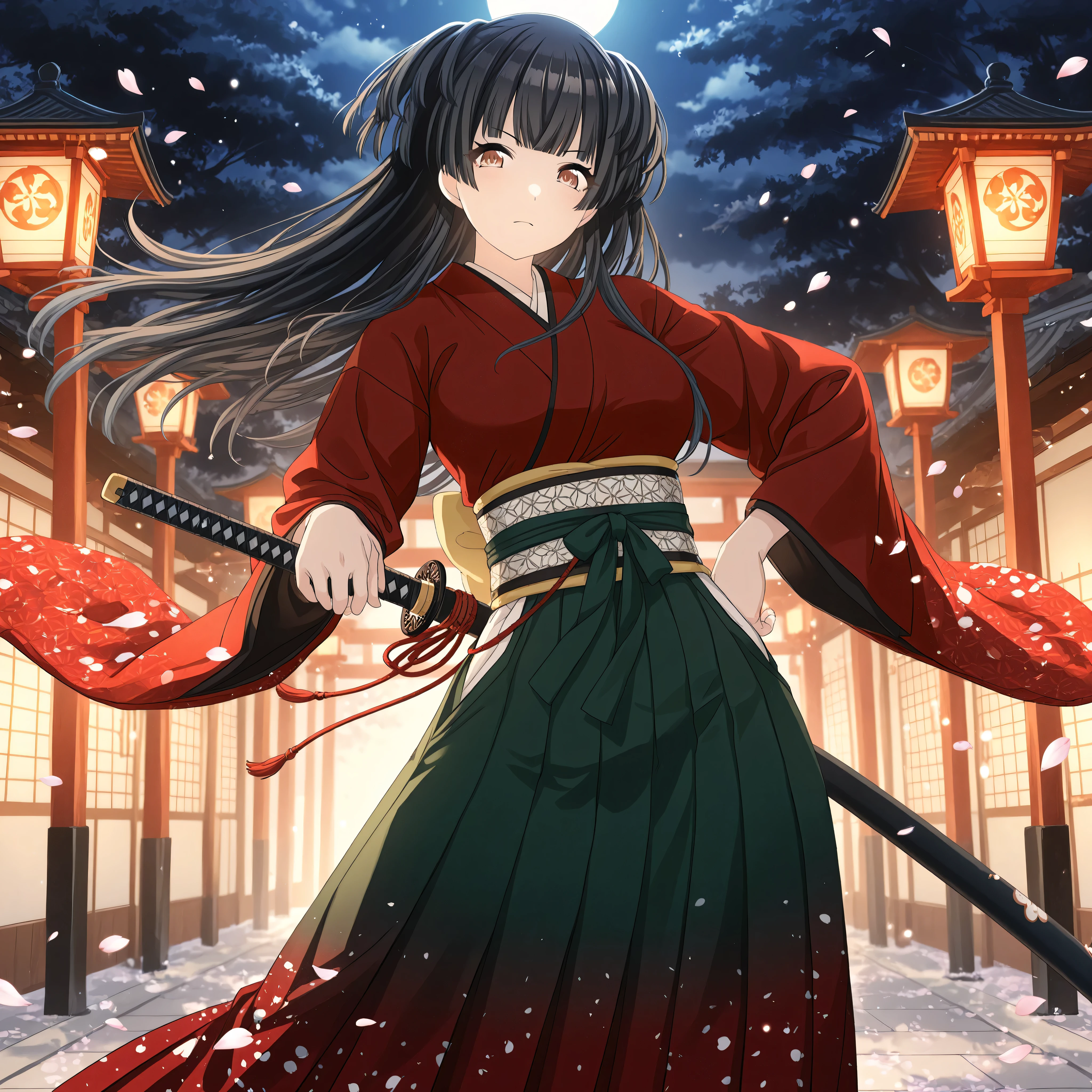 adult (18+), solo, 1girl, only one subject, highly detailed anime-style illustration,
Fuyuko Mayuzumi (Shiny Colors),
official black two side up with straight bangs (accurate hairstyle), matching official eye color,
Meiji-era swordswoman vibe, rich crimson red kimono with subtle asanoha pattern, deep forest-green hakama (crisp pleats),
black obi belt, black lacquered saya (scabbard) at left hip, Japanese katana clearly visible, hand resting on tsuka (iaijutsu ready),
dynamic stepping stance, wind catching sleeve and hakama, determined cool gaze,
lower-body emphasis, curvy silhouette visible beneath hakama, wide hips:1.5, thick voluptuous thighs:1.5, shapely legs:1.5,
fabric tension across hips near obi, hakama drape suggesting form,
white tabi socks and zori sandals,
nighttime Meiji street with wooden shopfronts, soft paper-lantern glow + faint gas lamps, light mist at ground level,
moonlight rim light, subtle falling petals/dust motes, clean sharp lineart, cinematic atmosphere, soft bokeh,
three-quarters shot framed to include hips and upper thighs, masterpiece, high quality, no devices visible,
katana fully visible:1.2, hand on tsuka clearly shown:1.1 ,
NSFW,somewhat modest breasts,Battousai the Assassin,