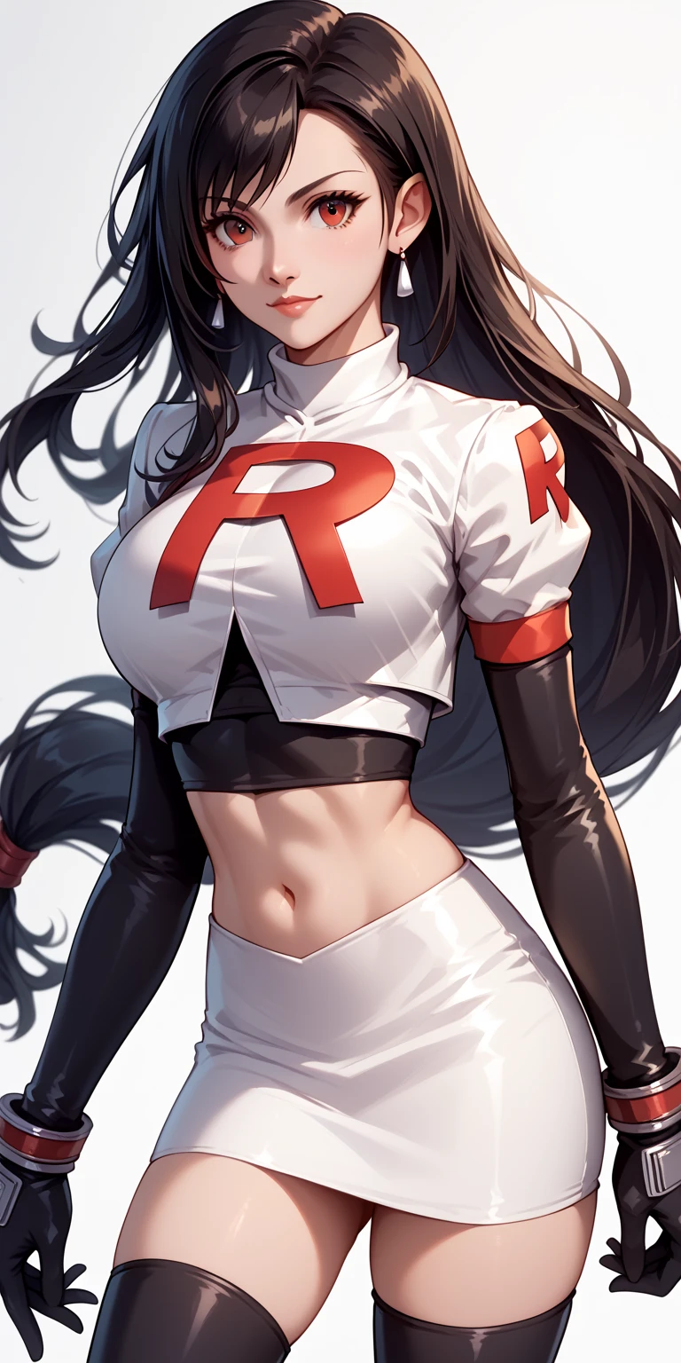 bimbo girl, Team Rocket,Team Rocket uniform, red letter P, White skirt,white crop top,black knee socks,black elbow gloves,