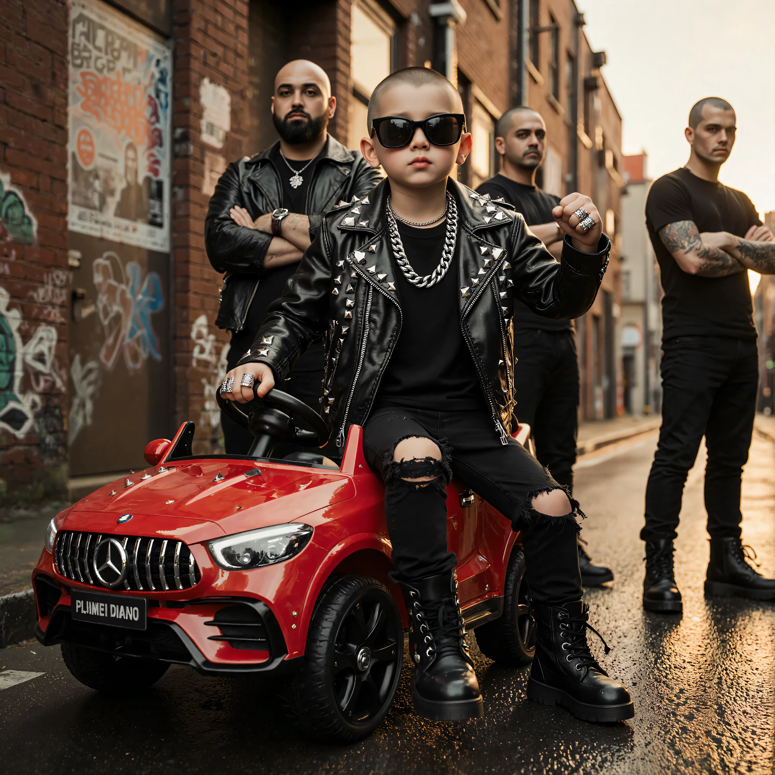 A tough-looking young boy with a shaved head, wearing glossy black sunglasses and punk-style clothing — a black leather jacket with sharp metal studs, ripped black jeans, and heavy combat boots. He sits confidently on a bright red toy car, one hand gripping the steering wheel, the other hand raised in a cool fist pose. Around his neck hangs a silver chain necklace, with multiple small rings on his fingers.
Behind him stands a group of men with shaved heads, wearing similar punk outfits, arms crossed or hands in their pockets, watching over the boy like loyal guardians. They have intimidating stances but protective expressions. The scene is set in a gritty urban alley with graffiti-covered brick walls, weathered posters, and wet asphalt reflecting light.
The lighting is warm and cinematic, with soft golden rays from a low sunset casting long shadows. Shallow depth of field focuses sharply on the boy and toy car, while the background fades into a gentle blur. Ultra-realistic textures for skin, leather, and metal, high detail, 8K resolution, photorealistic style.