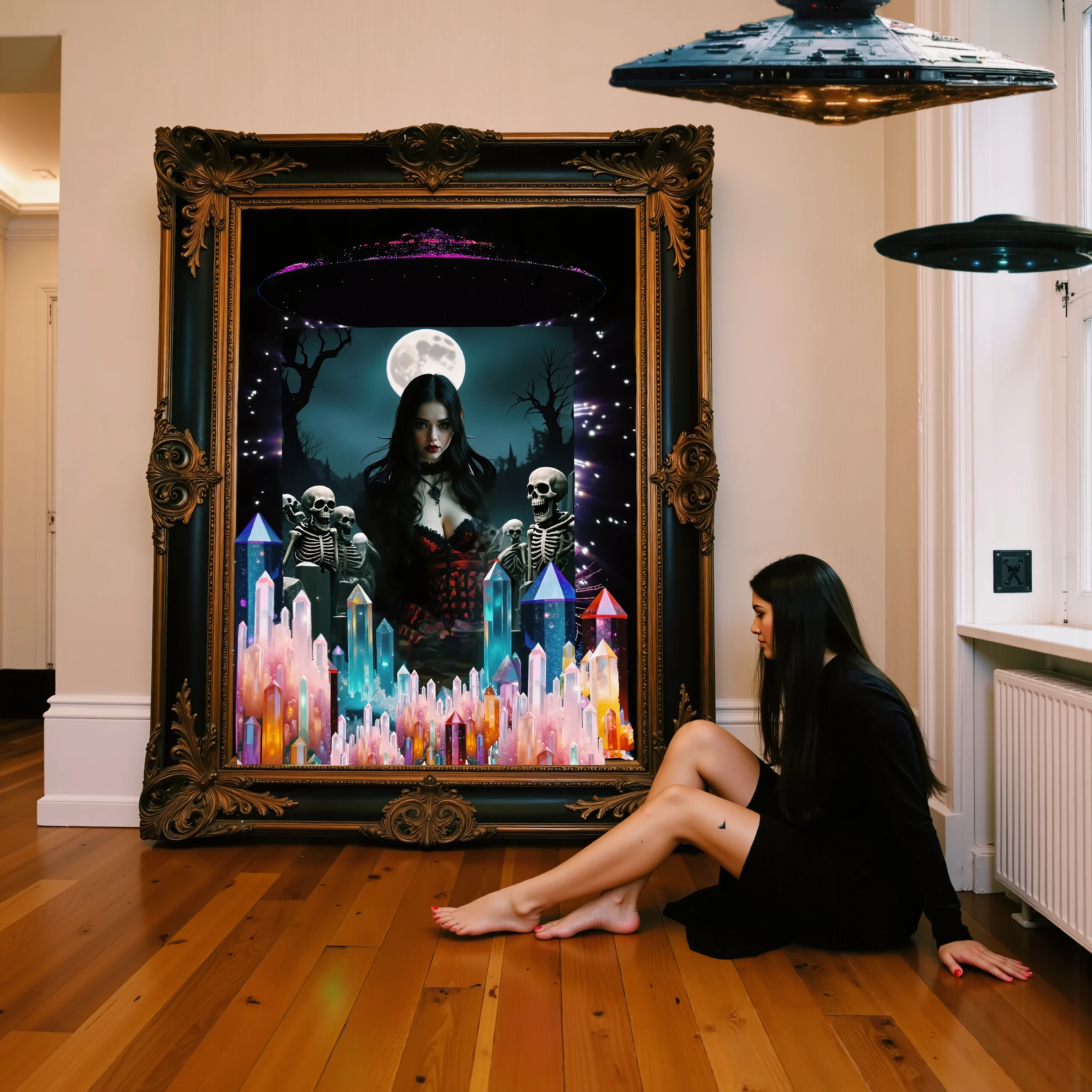 Nightmarish psychological horror portrait: Woman confronts cosmic horror entity in Victorian mirror, reality fracturing.
Mirror Horror Elements:
- Ancient eldritch entity with multiple shifting faces
- Writhing mass of ethereal tentacles made of shadow and bone
- Thousands of glowing crimson eyes opening in darkness
- Reality-tearing dimensional fractures leaking black ichor
- Twisted horn-like structures erupting from void
- Teeth-lined portals spinning in impossible geometries
- Flesh-melting transitions between dimensions
- Corrupted angelic symbols burning in dark energy
Supernatural Manifestations:
- Mirror glass rippling like black mercury
- Ghostly hands reaching through dimensional tears
- Blood-red sigils appearing on mirror surface
- Dark matter tendrils seeping into room
- Shadow creatures crawling along mirror frame
- Time-frozen shattered glass suspended in air
- Reality glitching with quantum distortions
- Souls trapped in crystalline structures
Atmospheric Horror:
- Temperature drop visualized through frost patterns
- Candlelight flames turning black and inverse
- Reality bending around mirror's influence
- Shadows moving against natural light
- Ghostly whispers visualized as dark mist
- Electromagnetic distortions warping space
- Cosmic horror patterns in negative space
- Demonic presence affecting physical laws
Technical Details:
- Hyperrealistic horror photography
- Ultra sharp 16k resolution
- Professional cinematic lighting
- Deep shadows with unholy glow
- Dark fantasy color grading
- Volumetric supernatural effects
- Photorealistic texturing
- Gothic horror atmosphere
Ultra-realistic, photo-realistic, ultra-detailed, physically-based rendering, extreme detail, professional movie quality images, cinematic photography, cinematography, realism, UHDR, highres, startling, unnerving, macabre, gothic, 8k, professional masterpiece.