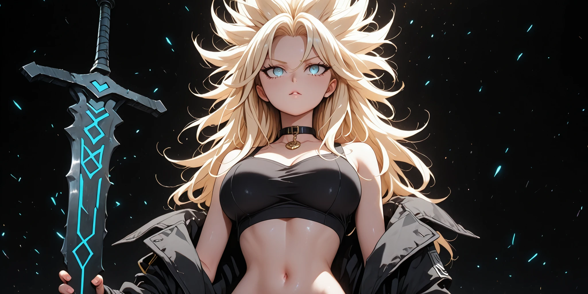 A masterpiece, of the highest quality, ultra-detailed, alone, a girl 1.70 m tall, light blonde hair with shades of gray, slightly messy hair, long bangs, blue eyes, a sadistic and confident expression, fair skin and youthful curves, a sensual posture, holding a gigantic black sword with gold ornaments, larger than the character, looking at the viewer, perfect anatomy, perfect hands, detailed face, detailed eyes, highly detailed hair, long hair with the same design as Caulifla from Dragon Ball (but blonde and long), a face like Sylpha Langlis from Tensei Shitara Dai Nana Ōji, silver-blue eyes, large breasts. The overall style should be detailed and colorful, matching the quality of the rendering and conveying a more youthful and feminine appearance. The character has large breasts, a large butt, wide hips, and a slim waist.The character wears a tight black military tactical uniform blouse, clinging to her body from mid-neck to the bottom of her breasts, exposing her abdomen
Confident and sadistic expression. The character wears a tight black military tactical uniform top, clinging to the body from the middle of the neck to the base of the breasts, exposing the abdomen and stomach. The top is sleeveless, leaving the arms exposed. The character wears a black coat, similar to Dusk's coat from Arknights, that falls down her arms. Around the neck is a golden, ring-shaped collar that completely encircles it. The character holds a broadsword of extremely exaggerated size and width. The broadsword is completely black and rustic, as if made of stone, with few gold ornaments. The character stands in a sensual yet aggressive pose, against a black background. The character wears a tight black military tactical uniform top, clinging to the body from the middle of the neck to the base of the breasts, exposing the abdomen.