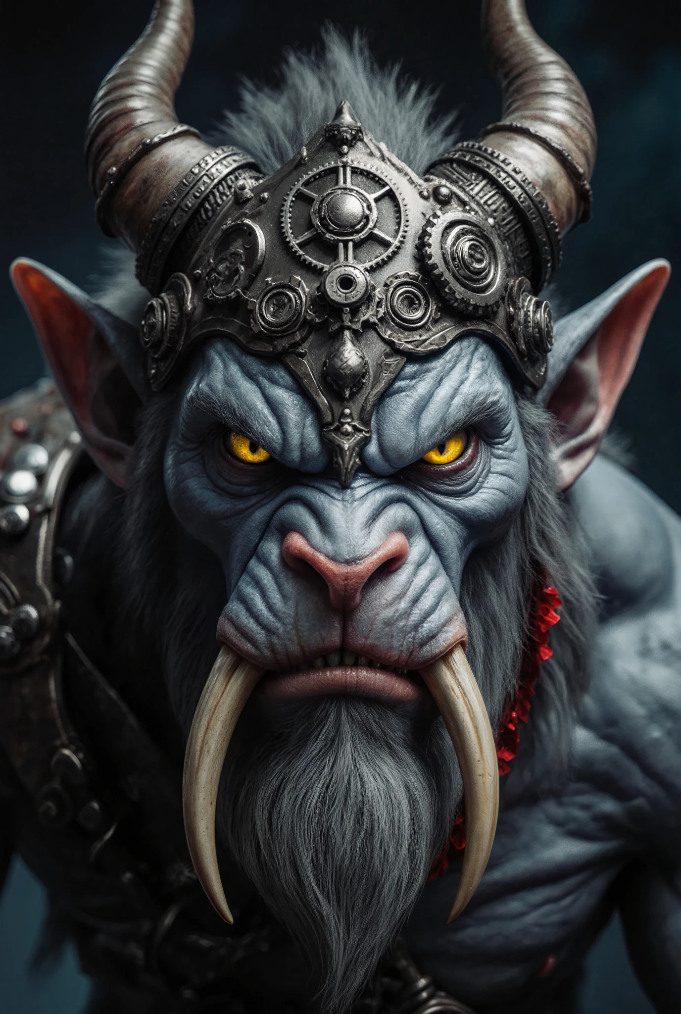 The hyper-realistic image depicts a highly detailed, menacing creature with a rugged, otherworldly appearance. Its face is adorned with intricate metallic and organic elements, including a prominent headpiece with gears and ornate designs. The creature has a grayish-blue complexion, with deep-set yellow eyes that exude intensity. Its nose is broad and pinkish, and its mouth reveals sharp, protruding tusks beneath a coarse, gray beard. The ears are large and pointed, with red accents, and the overall expression is fierce and commanding, suggesting a powerful, possibly mythical being. Intricate details, depth of field