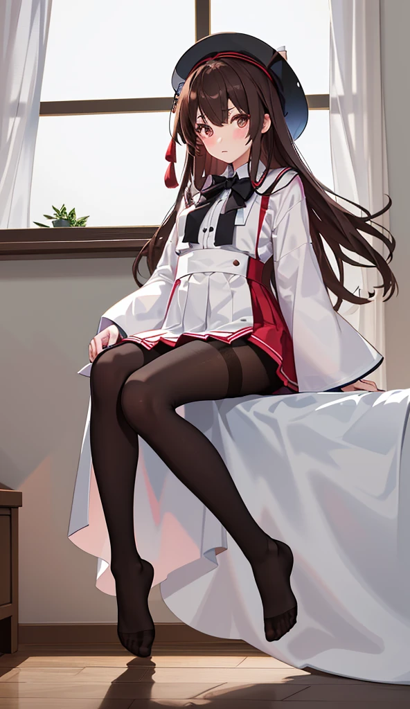 (Tohsaka Rin1.5),best quality ,masterpiece,solo,1girl,black hair,blue eyes,a dress with long sleeves,pantyhose,lift up the dress,panties under the pantyhose,looking down,legs focus,blush,open mouth,sweating,small lady serenity,big breasts,despise,steam