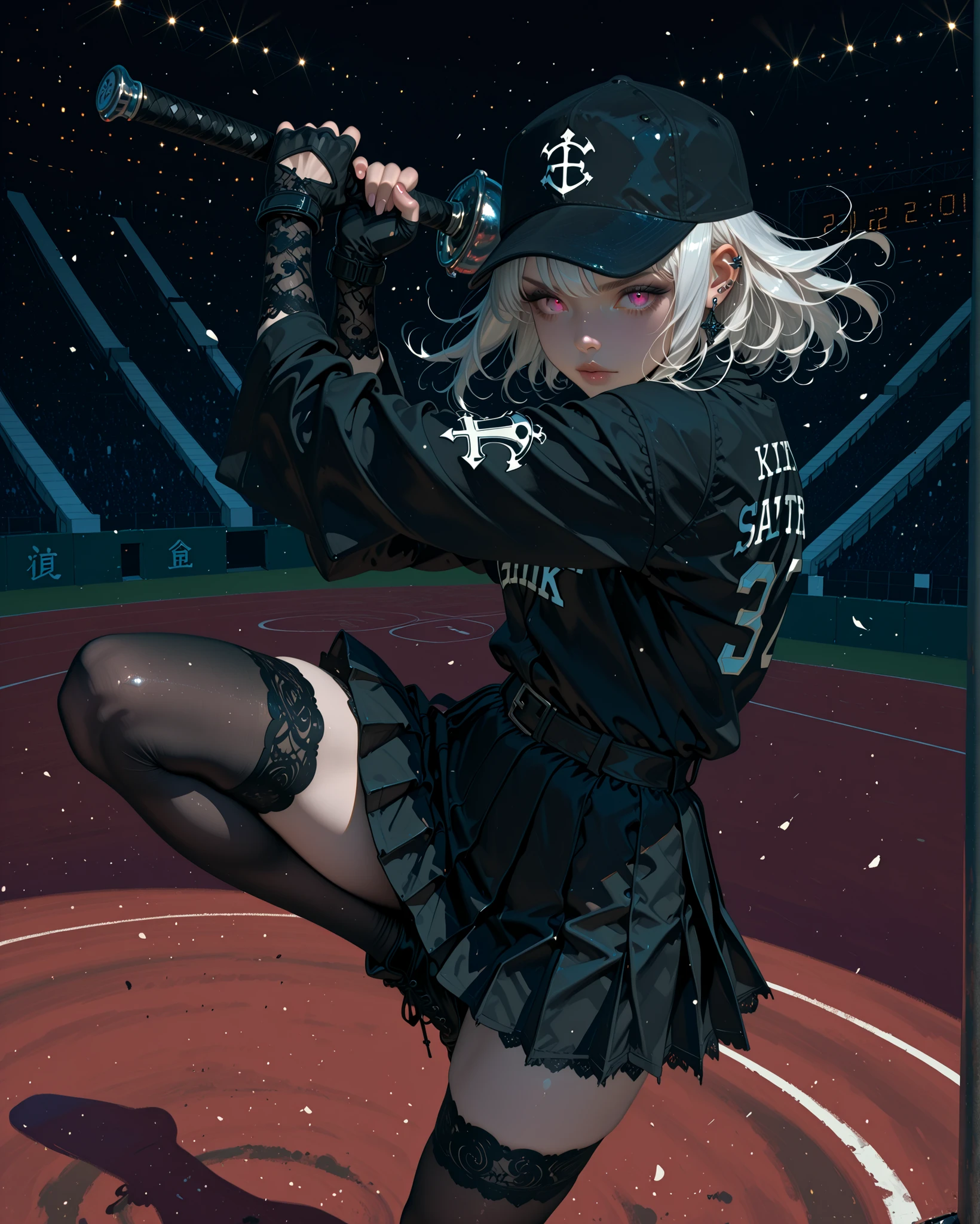 ((high angle)) Gothic fantasy anime-style illustration. A beautiful pale-skinned girl with long, flowing white hair stands on a shadowy baseball pitcher’s mound under the night sky, frozen in a dramatic pitching pose — one leg lifted slightly, her body coiled as she prepares to throw. She wears a gothic-inspired baseball uniform: a fitted black jersey with deep crimson accents, dark pleated skirt, thigh-high socks with lace trim, and fingerless lace gloves. Her baseball cap is black with silver gothic embroidery, partially shadowing her piercing eyes. She grips a black baseball etched with glowing silver runes, faint magical light seeping through the seams. Around her, the stadium is filled with a ghostly audience — spectral figures with hollow glowing eyes watching in eerie silence. The cold stadium lights cut through a swirling mist, and in the far background, gothic spires and ruined arches replace the traditional scoreboard. The scene blends supernatural mystery with the intensity of a decisive pitch.