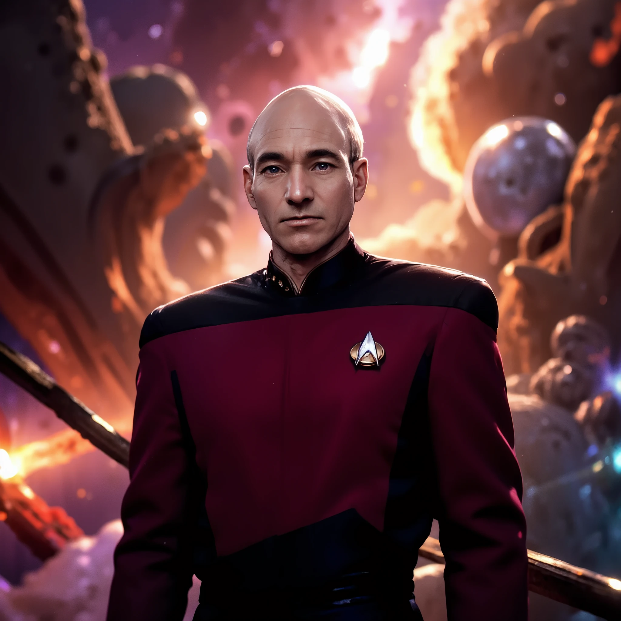 masterpiece, highly detailed, character, Star Trek, Jean-Luc Picard, Nebula, low angle shot, dramatic lighting, Attack on Titan art style