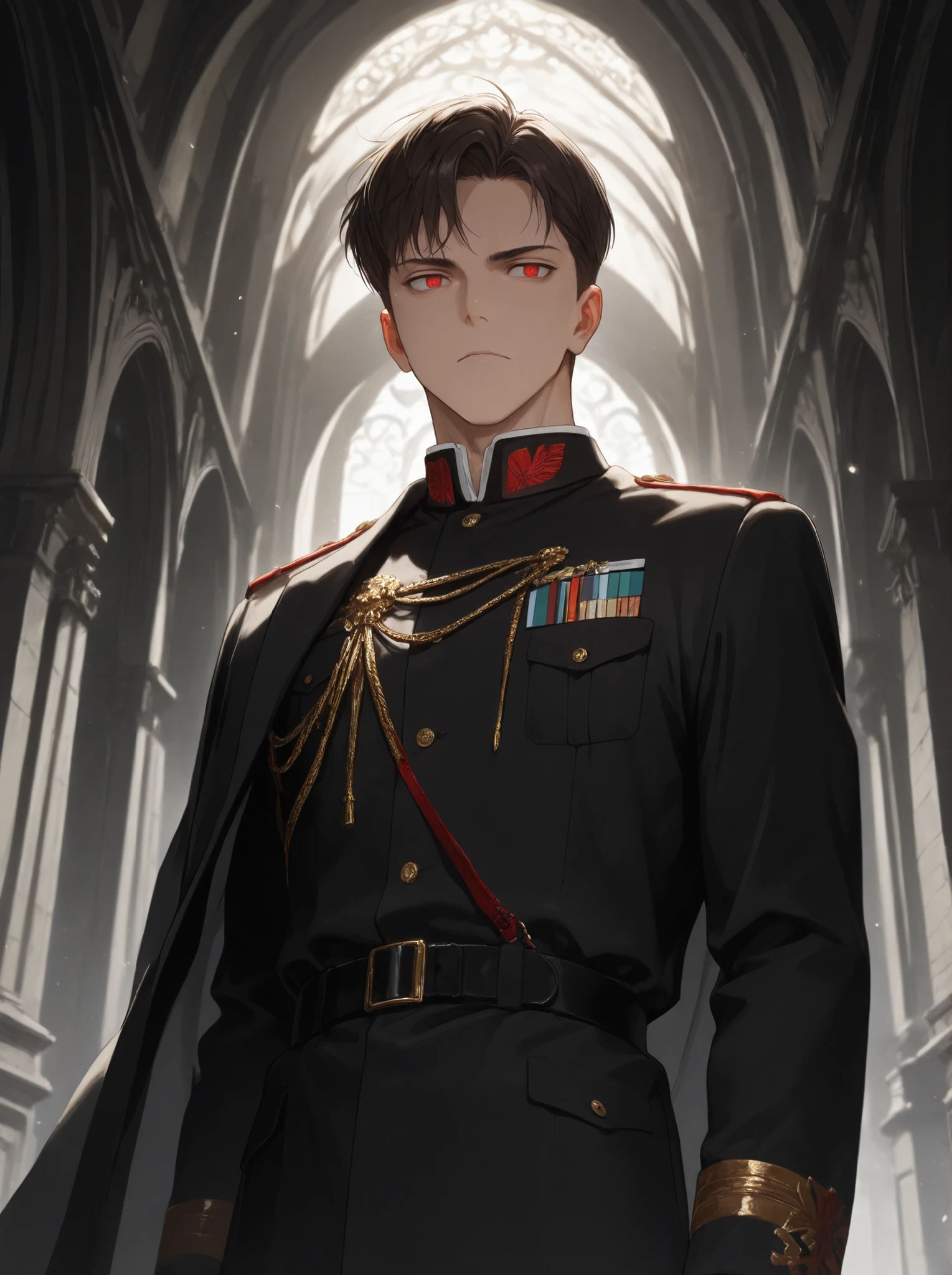 masterpiece, good resolution, good quality, newest. good , good lighting, safe. Adult Male, I bet, anime. Dark brown hair, short hair, military hairstyle. DEEP RED EYES . piel clara, slim build, muscular figure . He Is 58 Years Old, He measures 1'88 cm, Alone, looking at the spectator. wearing clothes:Ceremonial military uniform. bottom:Ornate Gothic Arches.