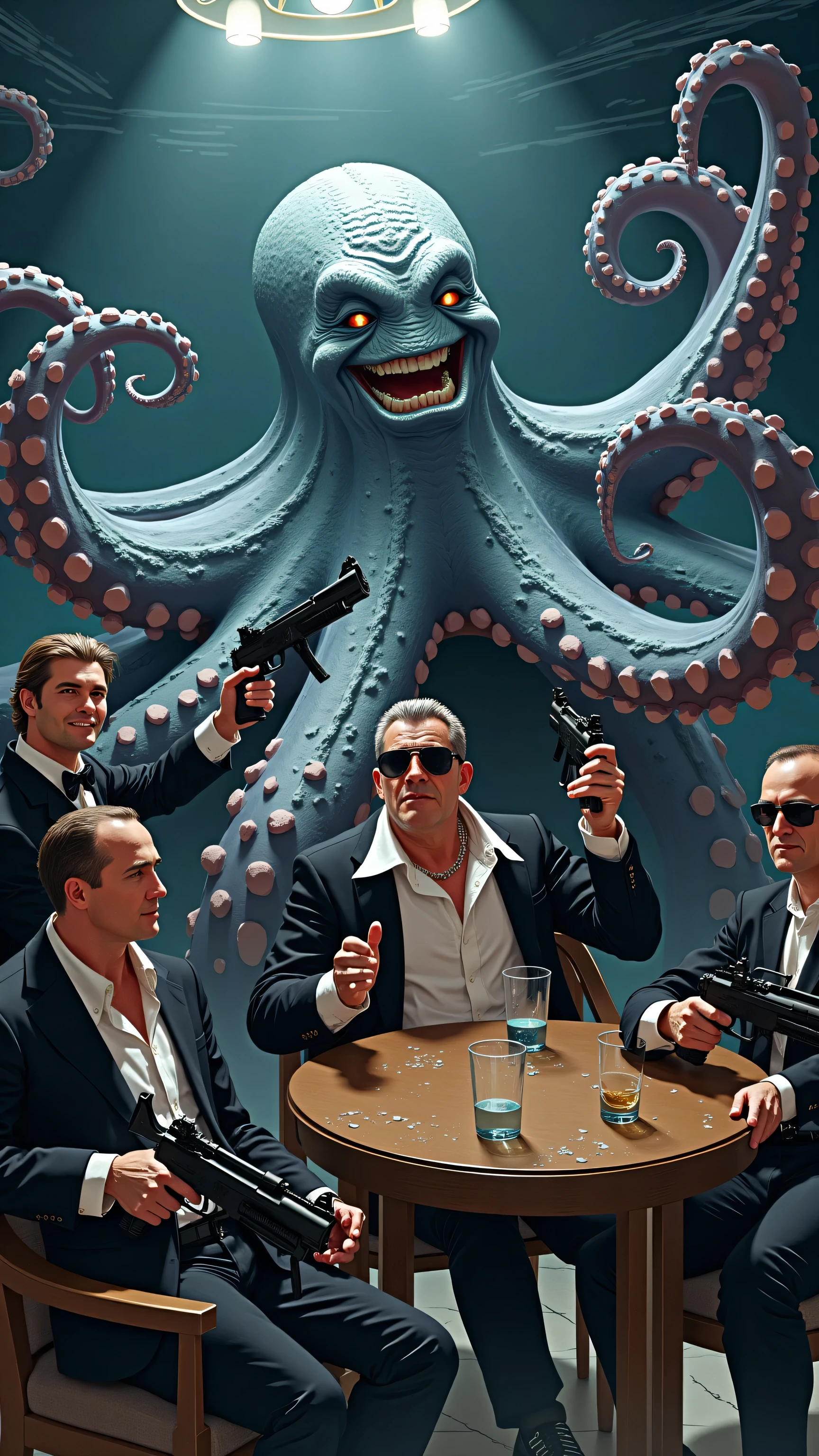 high res image、The mafia boss is an octopus、surrounded by 4 subordinates with black sunglasses and machine guns dressed in black、The laughing boss octopus