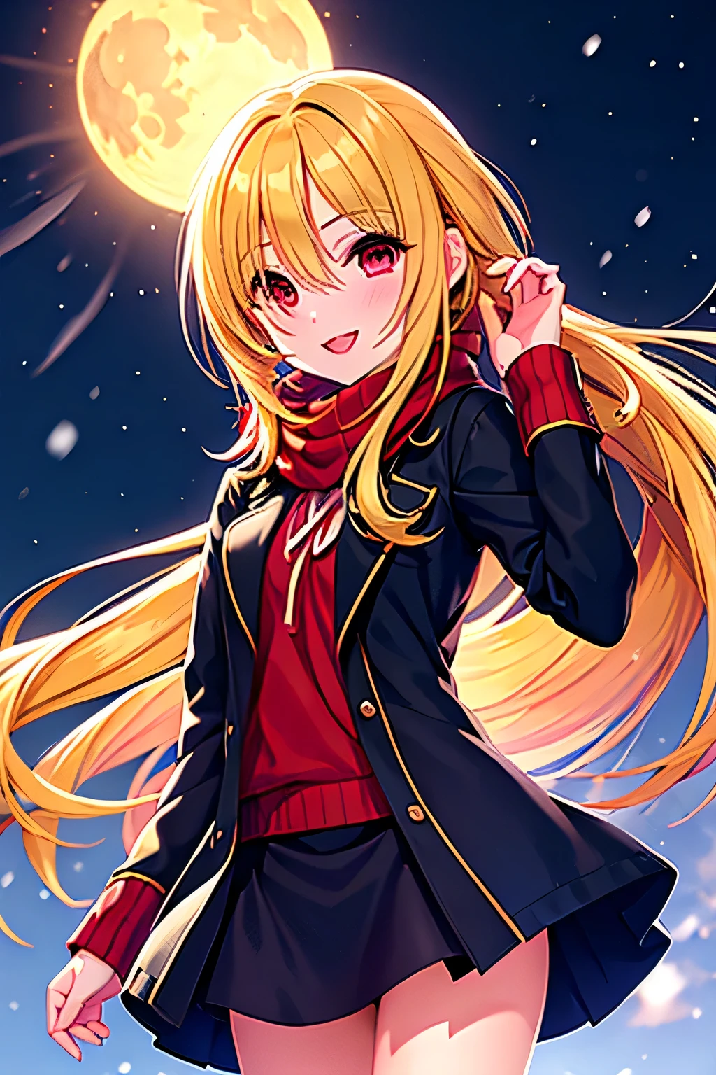 Kurosaki Chitose, gold,Long Hair,hair between the eyebrows,eyes visible from inside the hair,Red Eyes,tooth,blonde hair , , (、shining eyes, fine particles)、smile、SUPER DETAIL EYES、very elaborate face, highly elaborate eyes,cowboy shooting、
(high quality),1 ,babyface,round face,big round eyes,BLADING , short side ponytail,
very thin limbs, Red ribbon, thin thighs,very small Honny's flat chest, Honny's flat, breast bulge,Small sweater,warm muffler, audienceのアイスリンク,(ice skating),smile,,dusk,audience, snow, Bright, Bright色,watercolor, Ghibli style,Moon,,(perfect five fingers),(perfect anatomy)