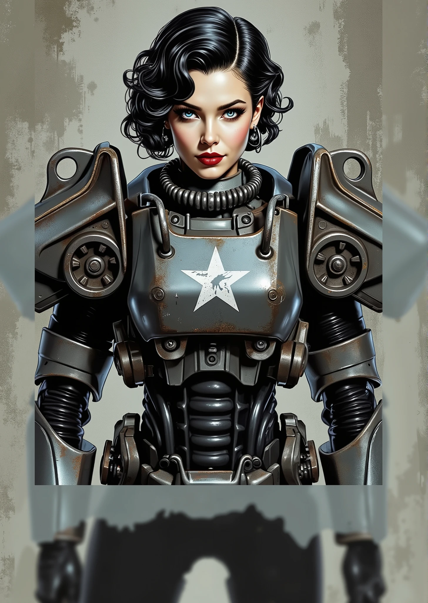 full body shot, armor, t60, robot, An extremely detailed comic book illustration depicting a stunningly beautiful character portrayed by youthful baby faced Gene Tierney nineteen years old wearing a retro 50s T-60 power armor mechanized combat suit from the Fallout Video Game setting the armor features a dark metallic exterior with black interior padding with an emblem on the chest plate showing what appears to be a star in white paint suggesting this might be part of a military or faction insignia the armor has a distinctive design with various mechanical components plates and joints visible the character is framed within the bulky armor which has a worn utilitarian aesthetic typical of post-apocalyptic or military science fiction settings with the helmet off to reveal her face whose overall look combines vintage pin-up with modern Rockabilly fashion and alternative accessories in a 50s meets the post apocalypse vibe wearing bold classic red lipstick caked on white foundation making her appear incredibly pale in a classic vintage-style makeup with defined eyebrows and dramatic eye makeup with a short black curled hairstyle with vintage 1950s-inspired waves and voluminous styling typical of the era whose cut and styling are reminiscent of classic 1950s pin-up glamour meets alternative fashion with tattoos piercings and alternative accessories in an art style inspired by Frank Miller and Conan the Barbarian. She has an expression between kind and confident. Her blue eyes are warm and her smile is motherly and compassionate. The background is awash in brushstrokes in shades of concrete grey. The level of detail and the emotive, expressive quality of the character's face create a compelling almost cinematic portrait of a complex multifaceted individual. The image evokes a sense of strength, compassion, and a desire to protect her people, making the subject a visually striking and captivating heroic figure. Standing in a dynamic action pose. Trending on Art Station.