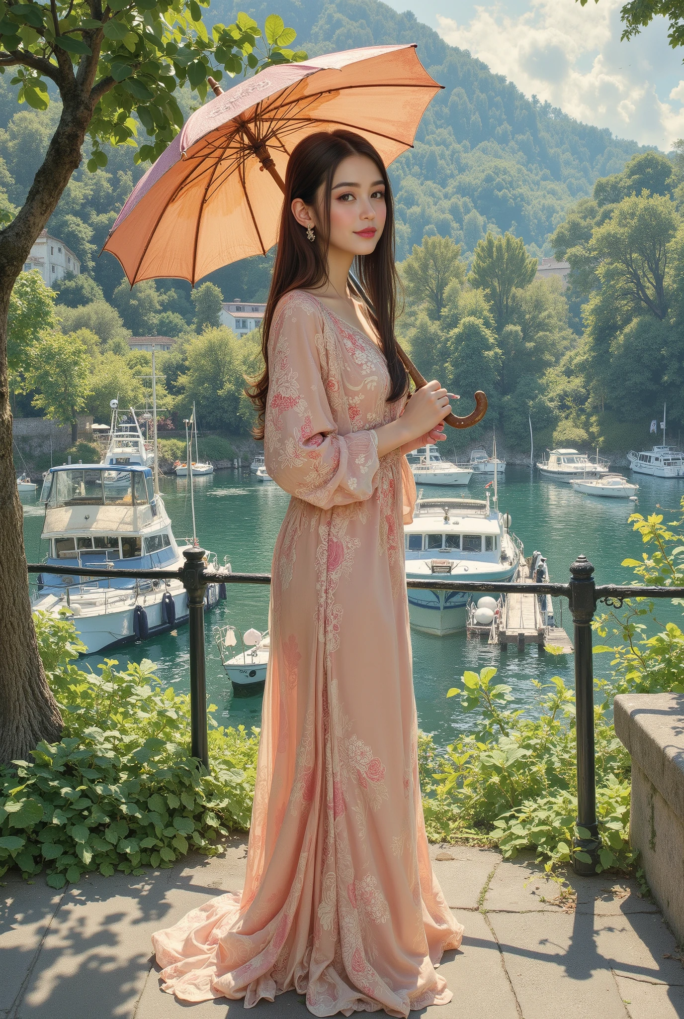 (best quality, 4k, highres, masterpiece:1.2) , ultra-detailed, (realistic, photorealistic:1.37), A photorealistic portrait of an elegant young woman standing, She is having a Sun Umbrella for Women, Claude Monet Scenery Excellent Quality、4K resolution、super definition、Realistic、PROFESSIONAL、Dynamic Range HDR、vibrant colors、bokeh、Impressionist style、oil、beautiful light、elegant atmosphere、Natural elements、In the sunshine、marine scenery、delicate texture、Elegant posture, 19rth century, she is taking a walk, hyper detailed moist skinn texture,