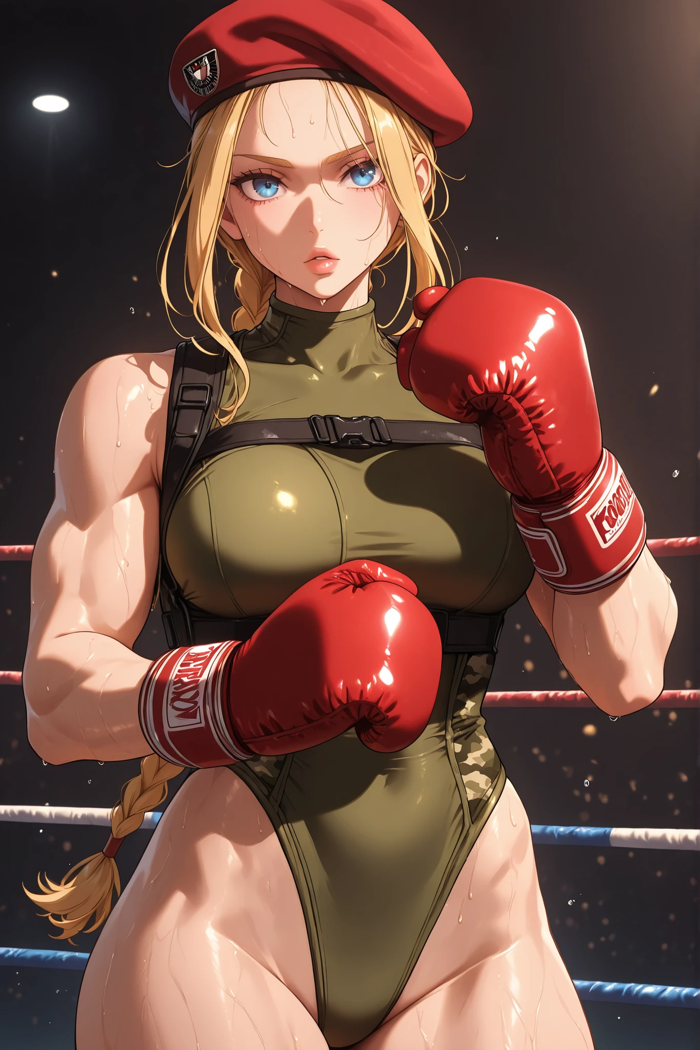score_9, score_8_up, score_7_up, BREAK, score_9, cammySDXL, 1girl, solo, long hair, breasts, looking at viewer, blue eyes, blonde hair, boxing gloves, hat, standing, braid, leotard, lips, muscular, sweating, beret, highleg, red headwear, highleg leotard, red gloves, camouflage, harness, thong leotard, green leotard, chest harness, cowboy shot,