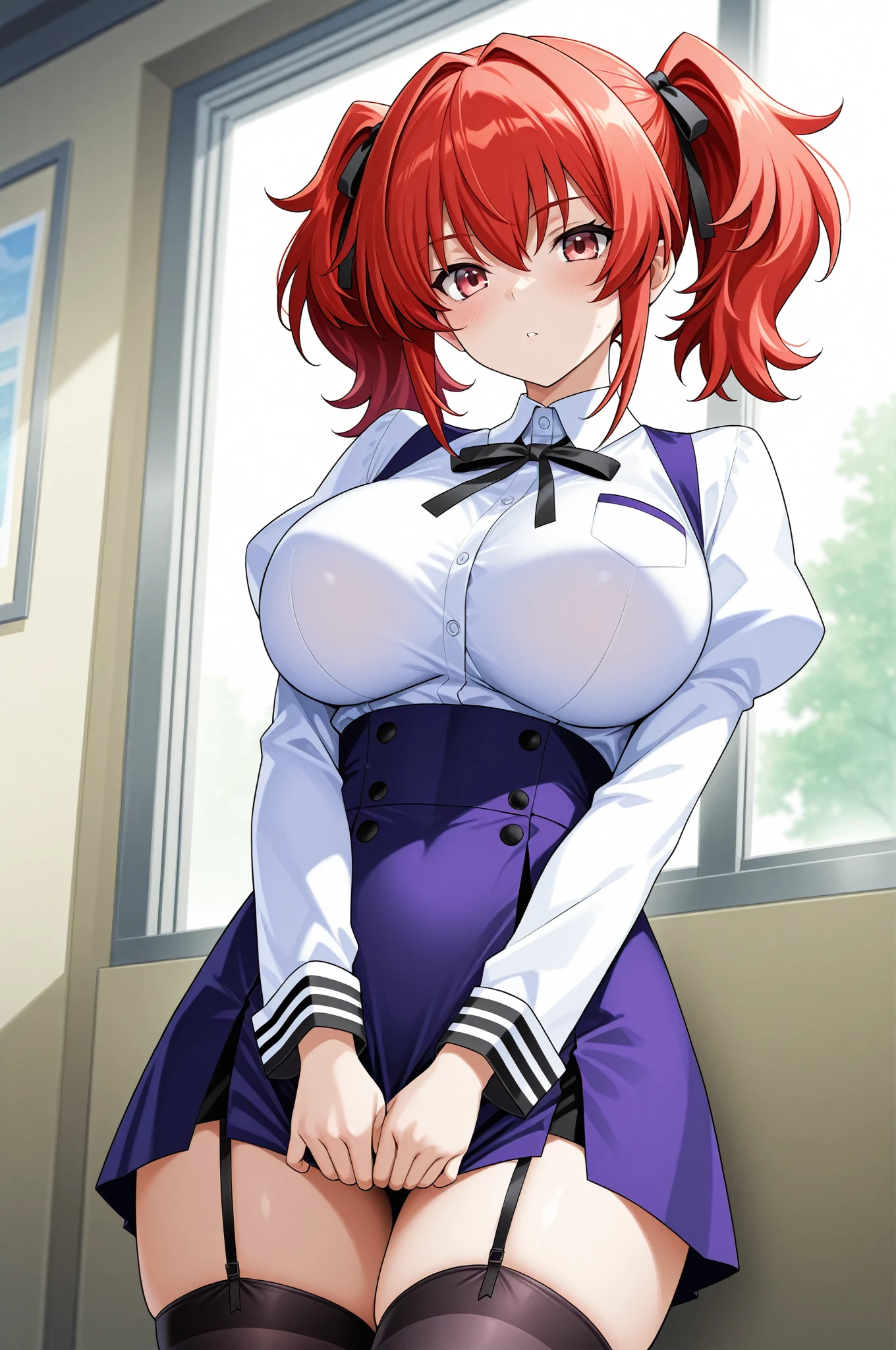 1 Female,High definition,high resolution,Ultra-realistic,8K, 1girl, solo, red hair, red eyes, twintails, employee uniform, pencil skirt, skull print, navy cap, fang, black legwear, white gloves,European,sexy,Upper body close-up,Photographed from the front,Dynamic Angles,blush, big tits , happy, wink the eye,facial, sweat,(wide thighs:1.4),(pink pussy),(show pussy),(spread legs),(camel to)