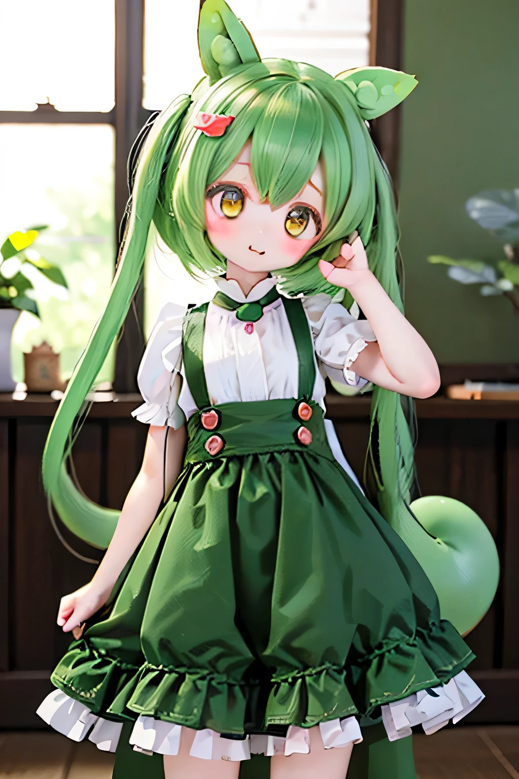 cute green-haired zundamon in playful pose, Elaborate character design , Delicate Details , surreal , photorealistic with the top off , 8k, masterpiece , is high resolution, bright color, 多くのcute人々I can see the light of , natural light, 、 warm palette , amazing , Nikon Z7 IIミラーレスカメラで撮影したamazing映像 , cute , cuteデザイン , , Heartwarming、Edamame、 execution (((((Young Lady))))))(((Long Hair))) (((((Long Dress))))))long skirt in front of the museum、 very elegant word sit and drink tea