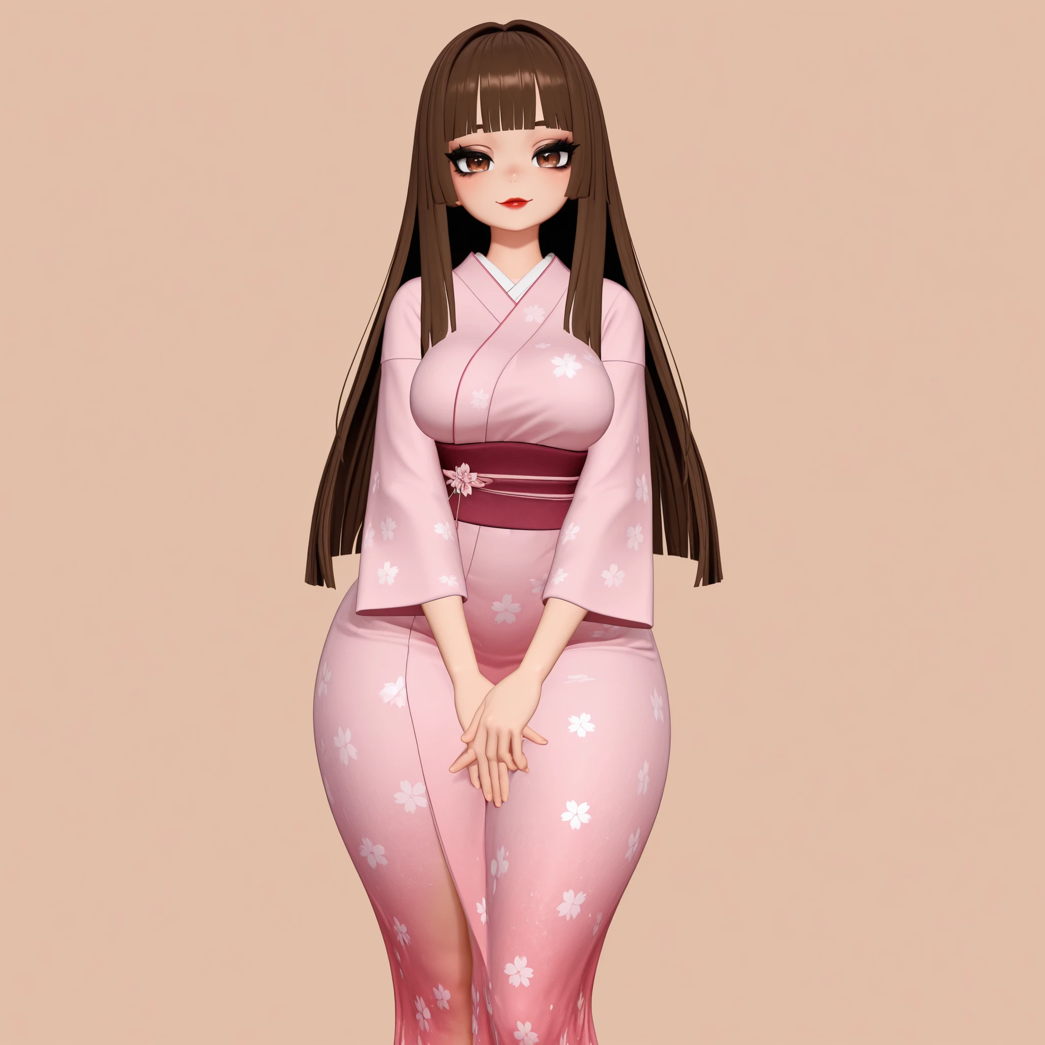 masterpiece, ultra-HD, impressionism, high detail, best quality, very aesthetic, 8k, best quality, beautiful, VRChatStyle, 3D, 1girl, solo, very long brown hair, blunt bangs, hime cut, almond-shaped eyes, brown eyes, eyelashes, black eyeliner, red lips, medium breasts, narrow waist, wide hips, thick thighs, shapely legs, slim, pink kimono, sakura pattern, blushed, smile, cute, hands on lap, standing, looking at viewer, simple background, front view