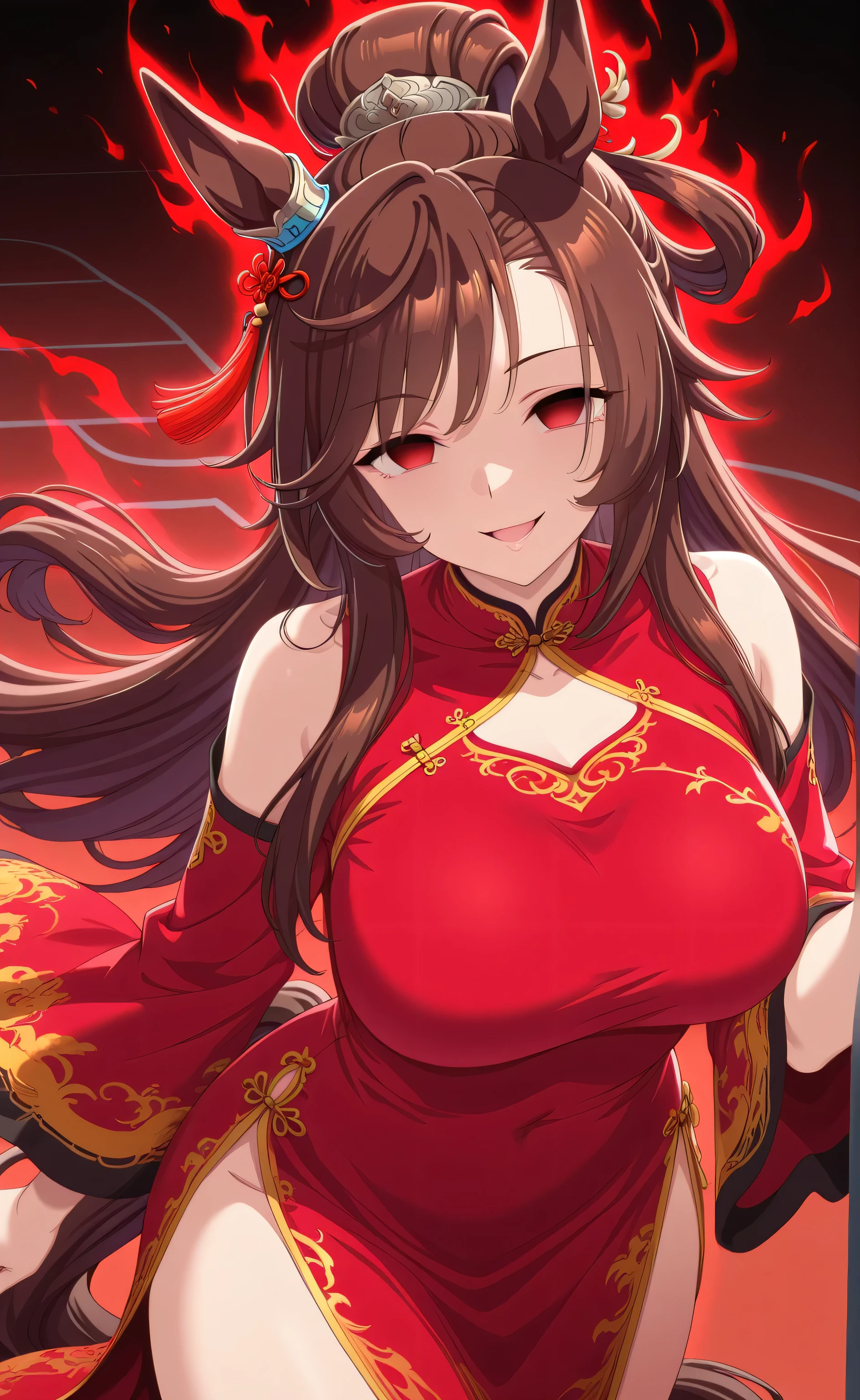 1female,solo,Fengxian,chesnut hair,long hair,red eyes,Empty eyes,crazy smile,horse ear,Red Qipao,form fitting,high slit,red Aura,horse track,[Style] Uma Musume: Pretty Derby
