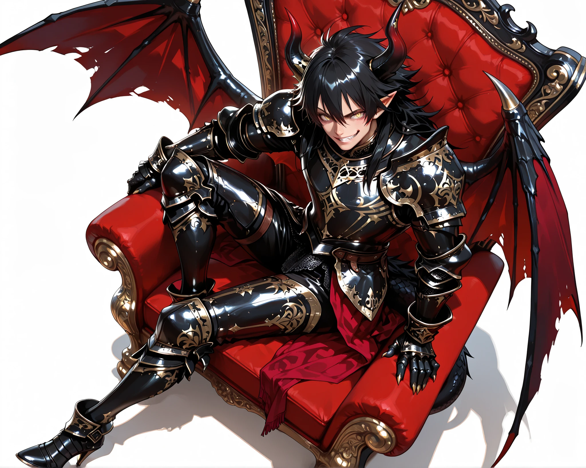 score_9, score_8_up, score_7_up, absurdres, (((128K Ultra High Resolution))), (masterpiece, best quality: 1. 5), (high definition: 1, 4), (highres), 8K wallpaper, (excellent graphics: 1. 5), CG, (((Japanese Anime style))), (1 male), solo, ((lean body, masculine)), weredragon, glossy black, shiny black leather, ((beautiful golden eyes, finely detailed eyes, bright eyes, slit pupils)), hair between eyes, black hair, long hair, sideburns, wild hair, (sly grin, sinister grin, smirk), teeth, confident, ((ultra detailed face)), shiny skin, long pointy ears, twisted torso, long-legged, sculpted face, wasp waist, dragon horn, dragon tail, dragon wings, dragon sharp claws, (black armor with a lot of grandiose decorations: 1. 5), half dragon half human, (sit cross-legged, closed legs, sit sideways, luxury antique red plush velvet throne: 1. 5), (dramatic angle, dynamic pose: 1. 5), (ultra detailed black armor, well-polished black armor: 1. 5), (gold-adorned armor: 1. 5), all black outfit, full body, sharp focus, good-looking man, (best illustration, highly detailed artwork: 1. 5), (cinematic), dramatic lighting, (intricate detail, extreme detailed, super detailed: 1. 5), chiseled features, (stark contrast, heavy shadows: 1. 3), detailed black decorations, beautiful & aesthetic, photoreal, (from side), ((from above)), (mysteriously crafted black metal armor: 1. 5), thick & luxuriant hair, (ultra detailed fantasy black armor, wonderful black armor: 1. 5), (realistic metal texture), broad shoulder, true-to-life visuals, artistically refined, (extremely delicate & beautiful armor, elaborate armor details: 1. 5), (giant black armor, dark armor, stylized armor: 1, 5), (((armor-type high heels))), (extremely detailed armor with intricate engravings, intricate armor with gold ornaments: 1. 5), ((very gorgeous and dazzling)), (dark fantasy black knight: 1. 5), slim waistlines, wide chested, sinewy body, (Hyper Detailed & Perfectly Designed Black Armor: 1. 5), (simple white background)
