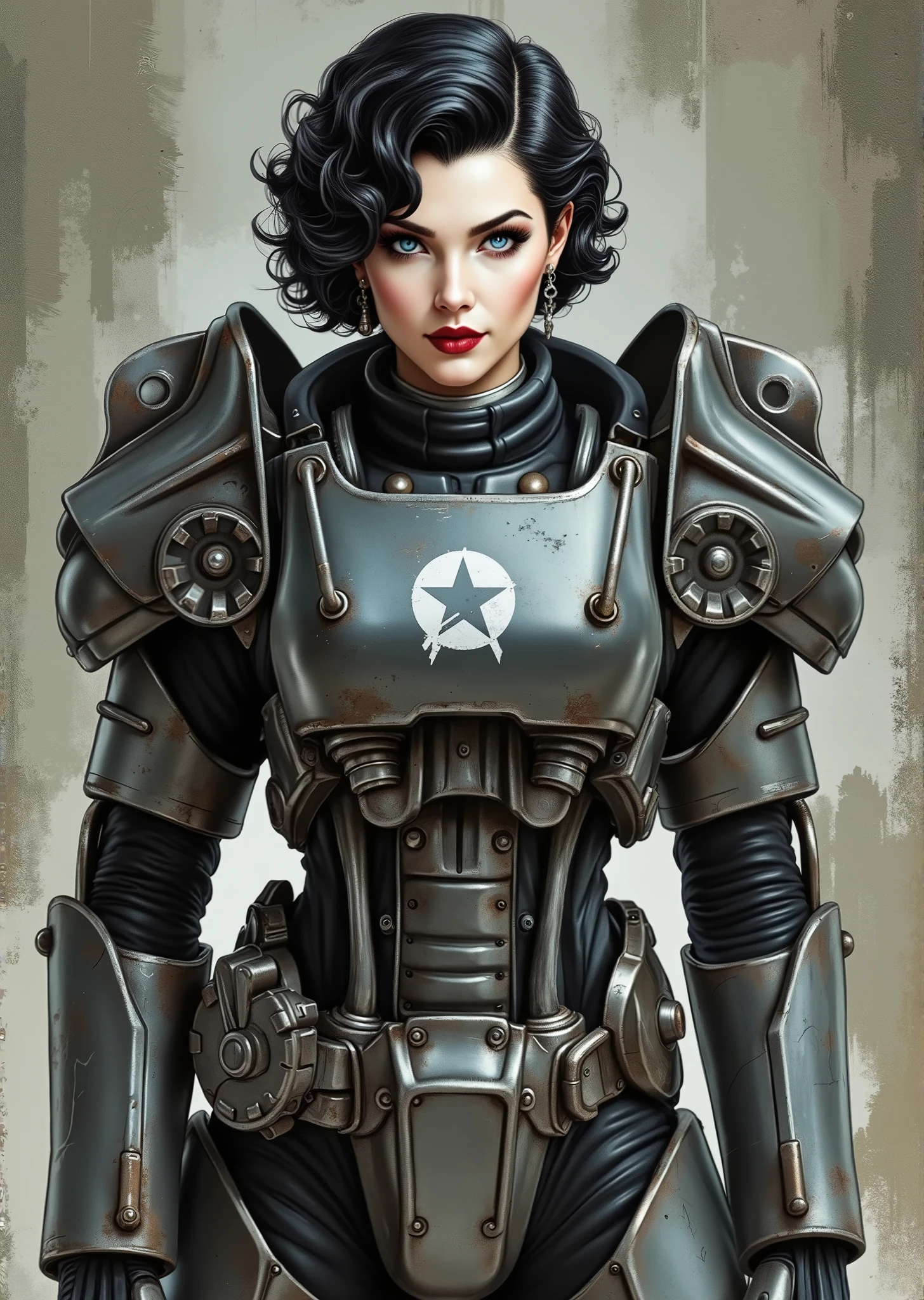 full body shot, armor, t60, robot, An extremely detailed comic book illustration depicting a stunningly beautiful character portrayed by youthful baby faced Gene Tierney nineteen years old wearing a retro 50s T-60 power armor mechanized combat suit from the Fallout Video Game setting the armor features a dark metallic exterior with black interior padding with an emblem on the chest plate showing what appears to be a star in white paint suggesting this might be part of a military or faction insignia the armor has a distinctive design with various mechanical components plates and joints visible the character is framed within the bulky armor which has a worn utilitarian aesthetic typical of post-apocalyptic or military science fiction settings with the helmet off to reveal her face whose overall look combines vintage pin-up with modern Rockabilly fashion and alternative accessories in a 50s meets the post apocalypse vibe wearing bold classic red lipstick caked on white foundation making her appear incredibly pale in a classic vintage-style makeup with defined eyebrows and dramatic eye makeup with a short black curled hairstyle with vintage 1950s-inspired waves and voluminous styling typical of the era whose cut and styling are reminiscent of classic 1950s pin-up glamour meets alternative fashion with tattoos piercings and alternative accessories in an art style inspired by Frank Miller and Conan the Barbarian. She has an expression between kind and confident. Her blue eyes are warm and her smile is motherly and compassionate. The background is awash in brushstrokes in shades of concrete grey. The level of detail and the emotive, expressive quality of the character's face create a compelling almost cinematic portrait of a complex multifaceted individual. The image evokes a sense of strength, compassion, and a desire to protect her people, making the subject a visually striking and captivating heroic figure. Standing in a dynamic action pose. Trending on Art Station.