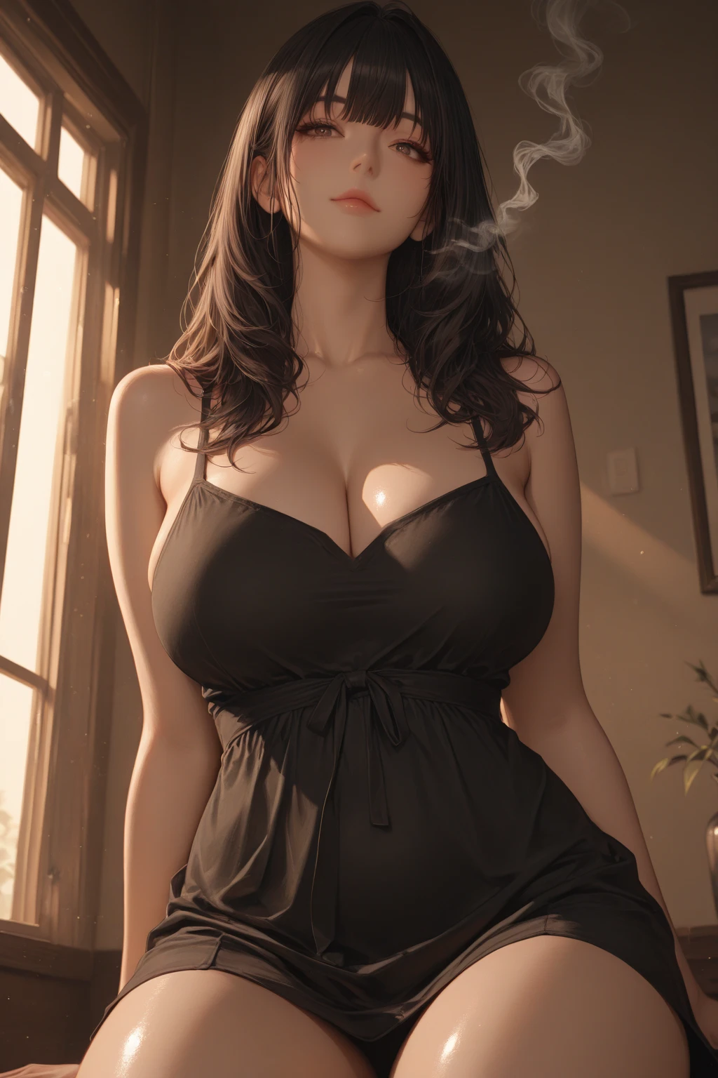 (Best quality, 4k, Masterpiece :1.3), pretty woman, hyper realistic, 1girl, (massive breasts, attractive body :1.2), abs :1.1, dark brown hair: 1.1, (rainy wet, wet from rain, wet body :1.2), ultra-detailed face, detailed lips, detailed eyes, double eyelid, sultry low neck gown, open cleavage, hanging breasts, side pose, visible curves, party floor, dance floor, party couch, laying with friend, transparent robe