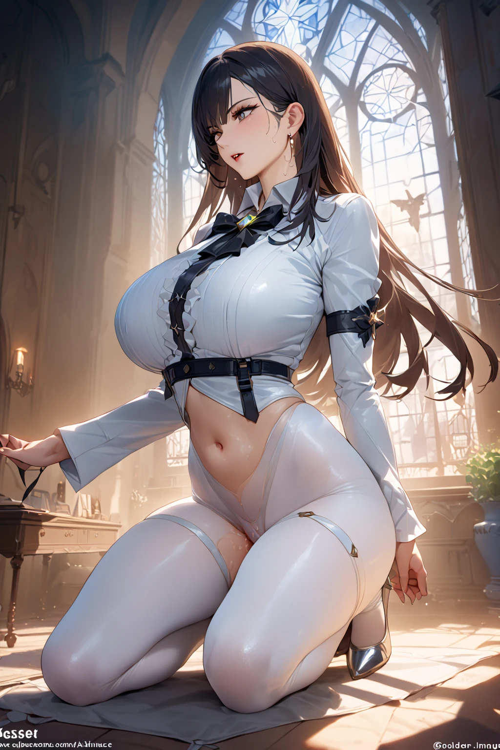(8k, RAW photo, best quality, masterpiece, soft cinematic lighting, soft color:1.4), (realistic), (indoor background), (solo, mature woman:1.3), ( uniform:1.3), (smile face:1.2), party chignon bronze color hair, dark black brown skin, (huge long wide heavy breasts:1.3), (thick, curvy, chubby:1.3),