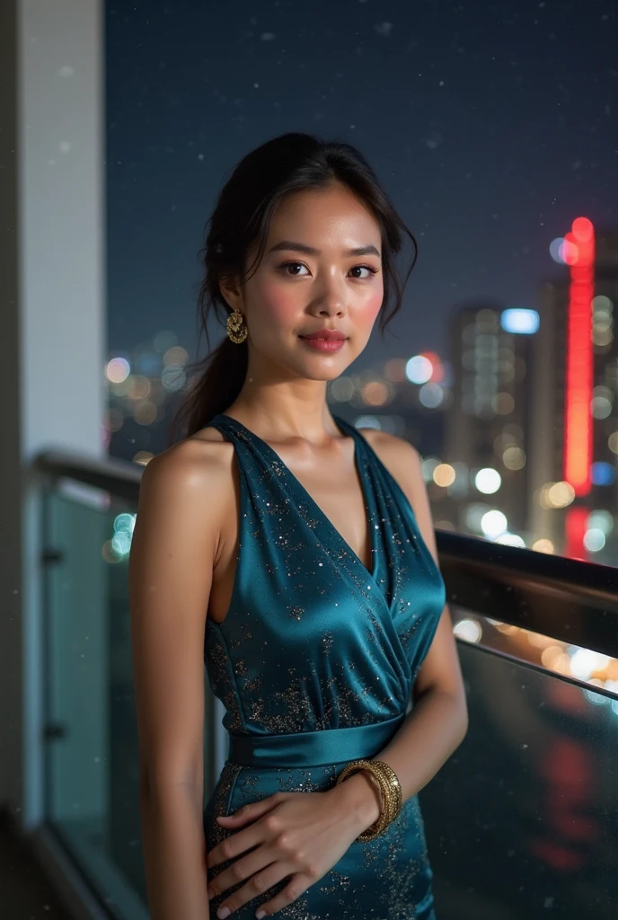  Photo du corps entier dans un cadre urbain nocturne d'une jeune femme classe mesurant environ 1m60, métisse d'origine asiatique et norvégienne aux yeux vert clair avec des longs cheveux bruns bouclés .En robe noir, collier, brillant à lèvres transparent, des seins de taille 95G, allure sportive, 25 ans.
