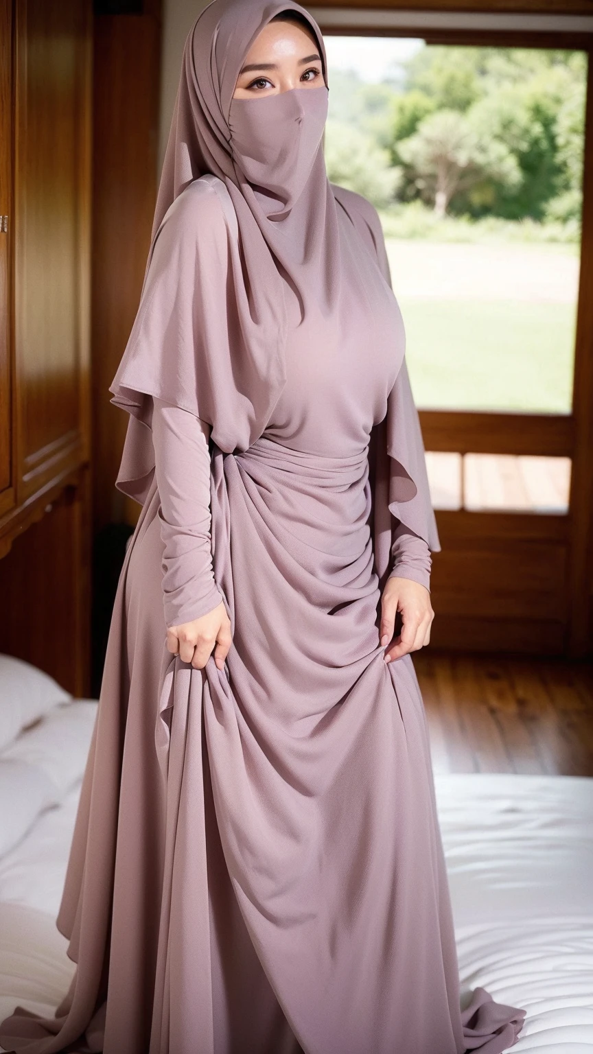 Fair and beautiful ,stunning ,curvy 40 year old Arab Muslim woman wearing a beige hijab and dark maroonish puce abaya frock showing cleavage low neckline in depth of field apartment interior background , full body shot , shot on iphone 13 , professional photo
