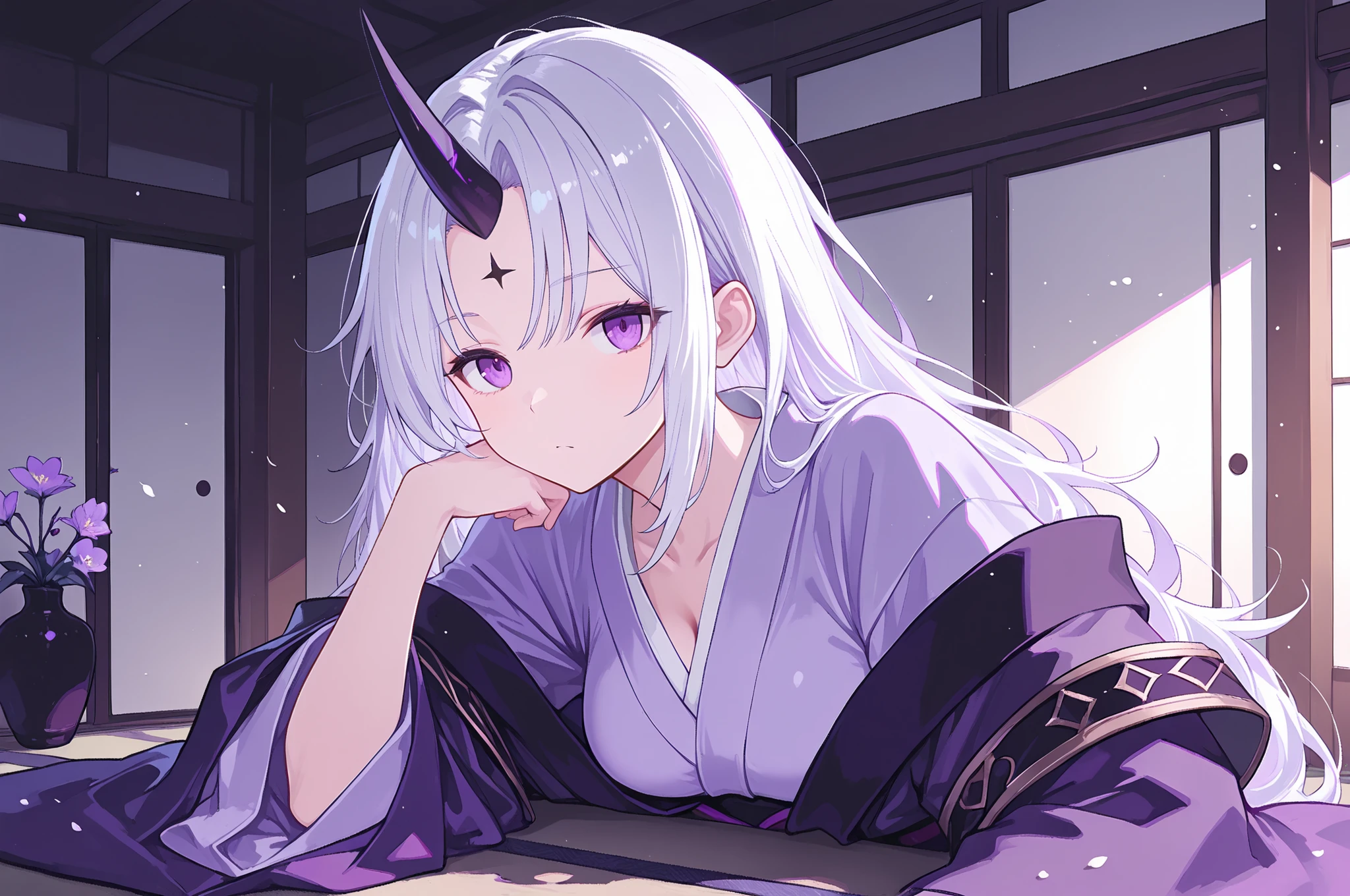 ((Top Quality)), ((Excellent)), (Details), masterpiece, best quality, UHD, A female demon with a single horn growing from her forehead. She wears traditional Japanese clothing. A purple kimono. She has messy white hair. She is a sorcerer.