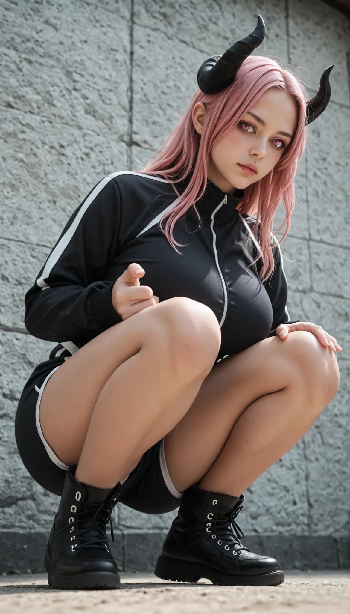 simple background, detailed background,
anime screencap,anime coloring,
head tilt, dynamic pose, from below, dynamic angle,
(masterpiece, best quality:1.2),
homare01, 1girl, solo, pink hair, shorts, jacket, looking at viewer, track jacket, long hair, pink eyes, large breasts, thick thighs, wide curvy hips, voluptuous body, Curvy body, thicc woman, black shorts, long sleeves, black jacket,cross-laced footwear,boots,demon horns,curled horns,blush, embarrassed, in squats position