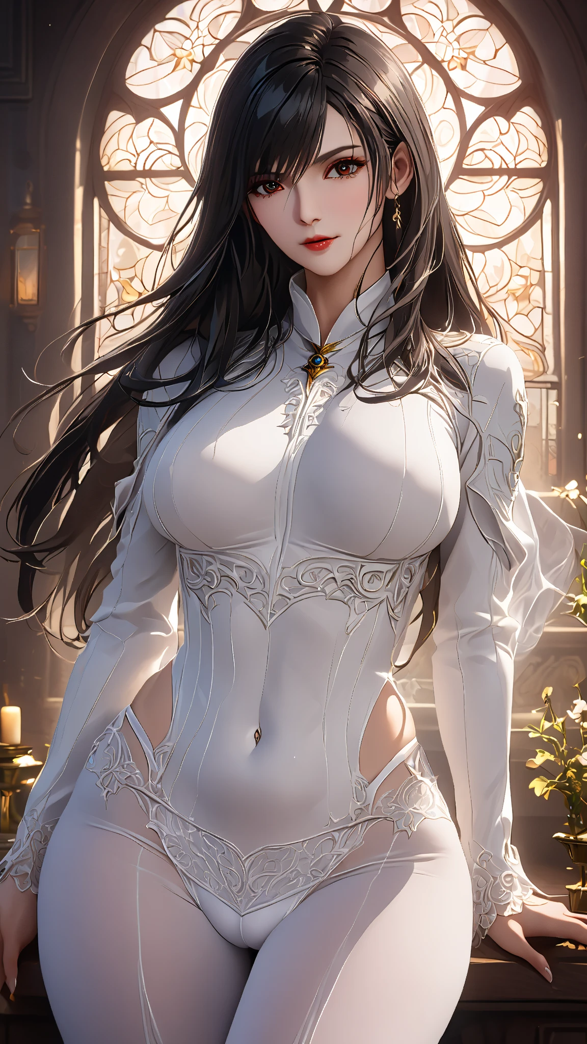 1girl, medium breasts, very pale, white skin, pale white skin, very long hair, black hair, hair over one eye, red eye, white dress, long sleeves, intricate detail, masterpiece quality, ultra HD, 4K, best quality