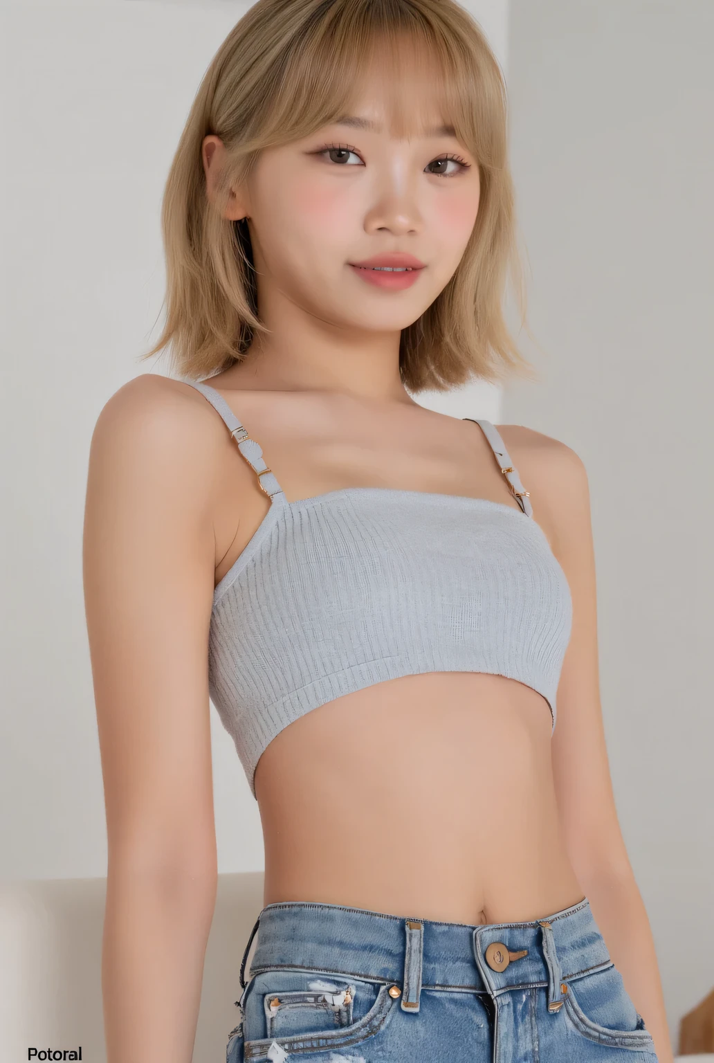 Korean, (Light gray sports bra), ((Micro-damaged denim shorts)), Belly button, Full body, Sexy, Alone, White skin, Full body, Slim figure, Bangs, Wavy blonde semi-long hair, ((Cowgirl: 1.8))
