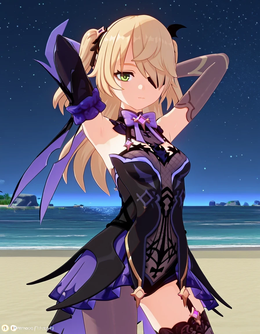 fischl, fischl (genshin impact), long hair, bangs, blonde hair, ribbon, green eyes, hair ribbon, hair over one eye, two side up, eyepatch, mature female, small breasts, 3d, gloves, bow, bare shoulders, black gloves, elbow gloves, bowtie, high quality, closed mouth, solo, cowboy shot, night sky, beach, arms behind head, ((contrapposto)), looking at viewer, expressionless, best quality,