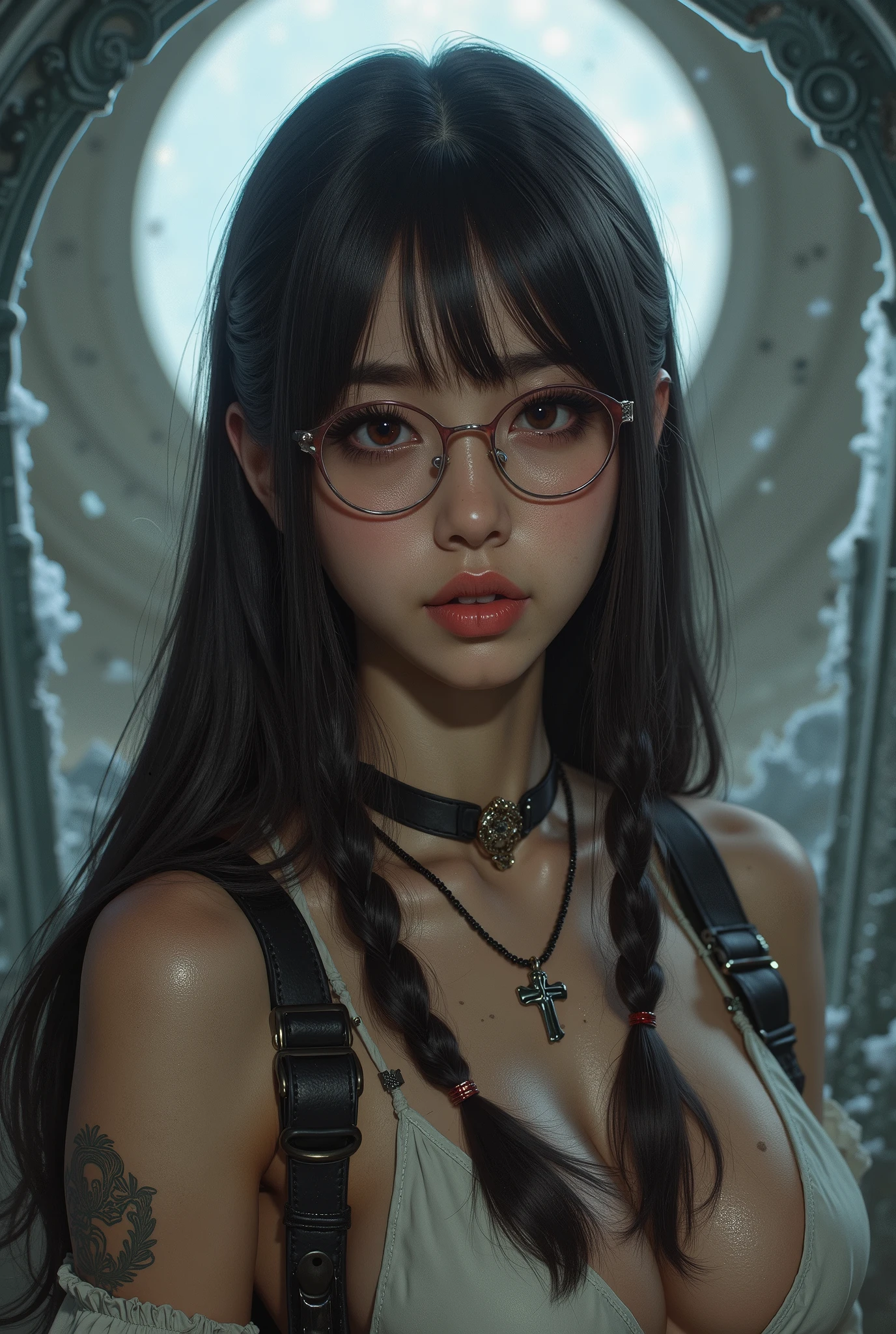 (  Highest Quality, best illustrations,high image quality:1.2), (Horror Fantasy:1.5), (ink and watercolor:1.5),(Ominous Scenery   :1.5),(A lot of dust rises:1.5),(  Dirt Track   :1.5),(wonderful:1.5),(masterpiece:1.5),  (Powerful figures:1.1、Big Breasts:1.3) 、 ((((glasses、best Shot, cute、 Red Eyes、 Evil Ruby's Cursed Necklace )))),(((glasses、Big Breasts、  braids)))、  cute face,  raise eyebrows , ,(Fatal Beauty,  charming beauty ) ,(Mysterious Charm:1.1),(Big Breasts、attractive silhouette),   high image qualityテクスチャ 、High Quality Shadows、   beautiful and delicate face   、 beautiful, delicate, eyes are sticky liquid dripping  、 ray tracing 、 20th Generation、 cute K-POP girl、( The Face of Korea )、Thin face、( Ulzan-6500-v1.1:0.6)、   Face of Pure Loss   _v1 , ( beautiful and delicate face ,  beautiful and delicate eyes,  perfectly balanced face ,  high image quality skin ,  detailed skin,  lens flares {x} perfect ratio 4 fingers to 1 thumb :1.25)、 DSLRs、   地獄から来たbeautiful悪魔女  ,    ATTRACTIVE GIRL  , Real Girls, Gurwitz,  Gurwitz-style Artwork , Girl Roleplay, Realistic 3d style, cgstation Popular Topics,,  8k portrait rendering BYMR. nomi ,（truth,truth:1.4,glassesの少女  :1.2)、cheek、 glossy lips, 1. オーバーサイズ comment:  comment、 come up with an oversized design that covers shoulder to knee.。 navy blue or black are standard colors .、[ Soft khaki or beige , wait.、 Pick the right color for the season 。 2.    choose the color that suits your skin    : To protect yourself from the cold、    choose the color that suits your skin   、 ニットの質感と色を commentに合わせてください .。 3. ワイドレッグ   pants:    pants,  choose a wide leg design 、combines mobility and style。Dark tone denim or black   pants look great.。 4. knee-high boots: オーバーサイズ commentに含まれるもの、boots are black or dark brown Match the texture and color of the fashionable.、  Gives a stylish impression  。 5. accessories:   The  。  Disney  、   long necklace  、6. handbag: handbag、let's match the color of your outfit.