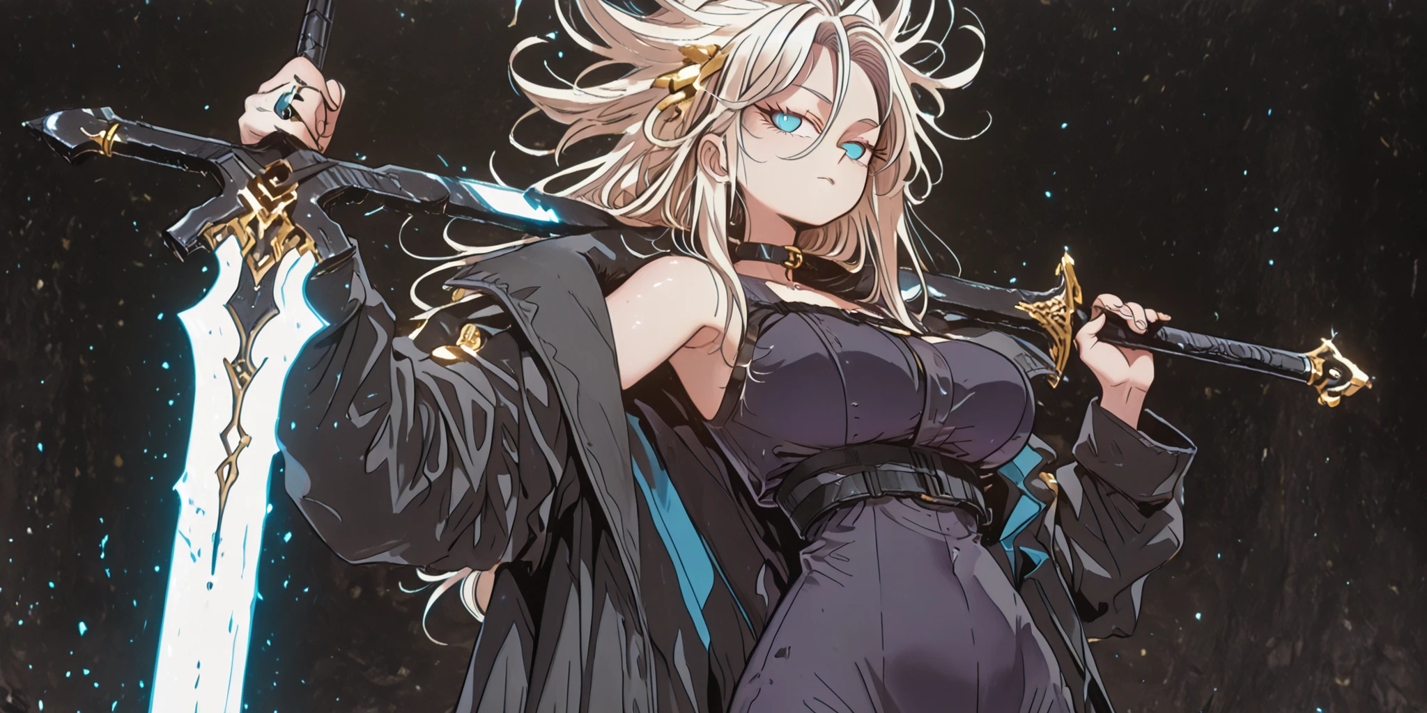 Uma obra-prima, Of the highest quality, ultra-detalhado, sozinho, Uma menina 1.70 m de altura , light blond hair with shades of gray, slightly messy hair, franjas longas, olhos azuis, a sadistic and trusting expression, fair skin and youthful curves, uma postura sensual, holding a gigantic black sword with gold ornaments, larger than those of the character, looking at the viewer, anatomia perfeita, perfect hands, rosto detalhado, olhos detalhados, highly detailed hair, long hair with the same design of Caulifla from Dragon Ball (mas loiro e longo), a face like Sylpha Langlis by Tensei Shitara Dai Nana Ōji, silver-olhos azuis, seios grandes. The overall style must be detailed and colorful, , matching the quality of the representation and conveying a younger and more feminine appearance. The character has large breasts, um bumbum grande, quadris largos, e uma cintura fina.The character wears a tight black blouse in a tactical military uniform, ) attached to the body from the middle of the neck to the bottom of the breasts, x} exposing your abdomen
Confident and sadistic expression. The character wears a tight black tactical military uniform (top, attached to the body from the middle of the neck to the base of the breasts, Exposing the abdomen and stomach. The top is sleeveless, leaving her arms exposed . The character wears a black coat, similar to Dusk's coat from Arknights, that fall on her arms. Around the neck is a, collar in the shape of which the ring completely surrounds the. } character holds a wide sword of extremely exaggerated size and width. The wide sword is totally black and a rustic, as if it were made of stone, with few gold ornaments. The character is in a sensual pose, mas agressiva, against a black. The character wears a tight black tactical military uniform (top, attached to the body from the middle of the neck to the base of the breasts, Exposing the abdomen .