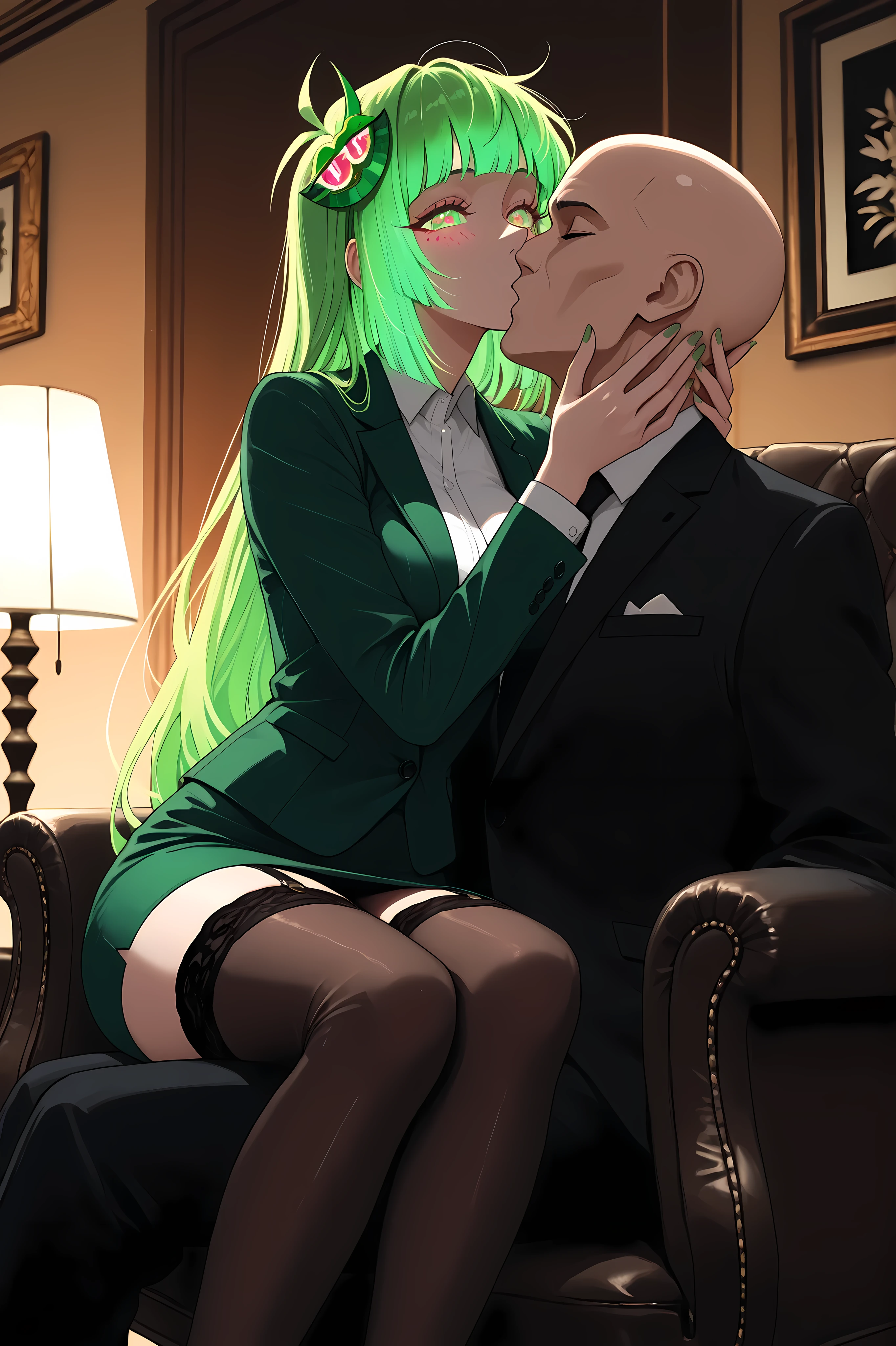 Vannamelon, woman with glowing green hair, (A woman in a suit kissing the head of a bald man sit on a chair), skirt, stockings, legs together ((perfect face, beautiful eyes, detailed eyes)), Luxurious Office, Dusk Light, soft lighting, elegant, Long Green Hair, Modern Interior, Sense of luxury, elegant, elegant background, Highest Quality, masterpiece, super high resolution, very detailed,