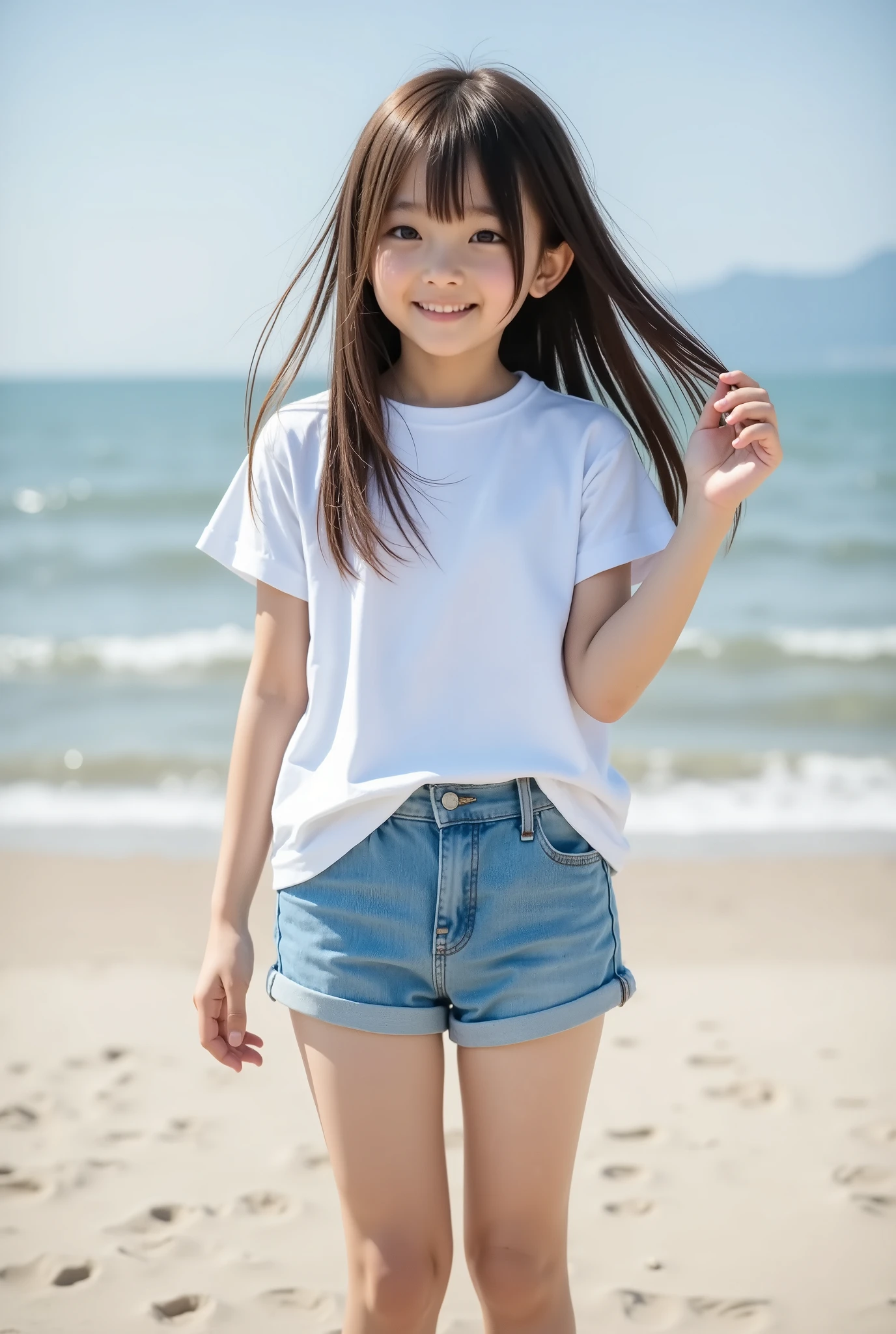 highest quality, masterpiece, 8k, highest resolution, very cute japanese girl, cutest girl in japan, very young, elementary school student, 8 years old, round eyes, round face, long white t-shirt, very long hair, strong wind blows long hair, denim shorts, very short pants, shirt hides shorts, outdoor, full body, sandy beach, laughing, open mouth, barefoot, she runs her fingers through her hair, loli, looking at viewer