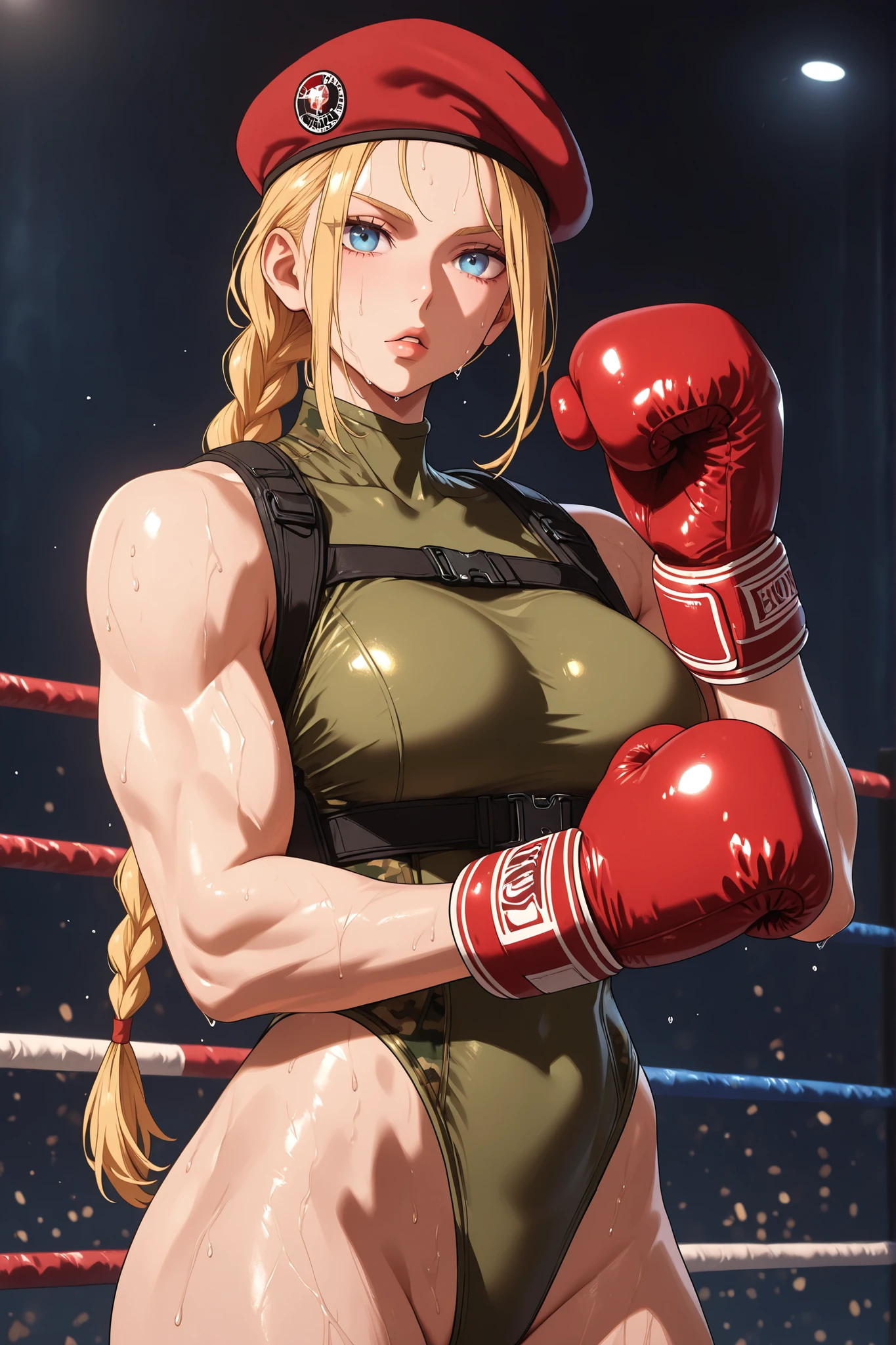 score_9, score_8_up, score_7_up, BREAK, score_9, cammySDXL, 1girl, solo, long hair, breasts, looking at viewer, blue eyes, blonde hair, boxing gloves, hat, standing, braid, leotard, lips, muscular, sweating, beret, highleg, red headwear, highleg leotard, red gloves, camouflage, harness, thong leotard, green leotard, chest harness, cowboy shot,