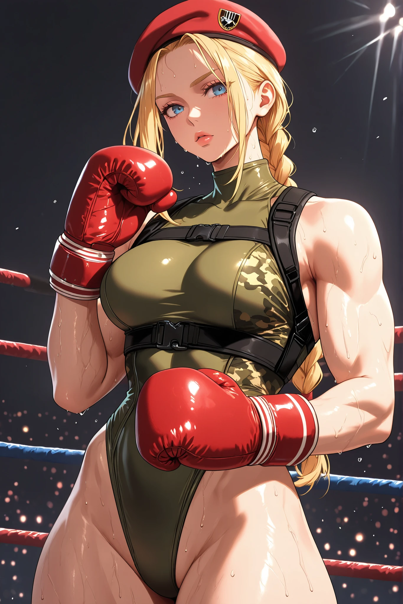 score_9, score_8_up, score_7_up, BREAK, score_9,  cammySDXL, 1girl, solo, long hair, breasts, looking at viewer, blue eyes, blonde hair, boxing gloves, hat, standing, braid, leotard, lips, muscular, sweating, beret, highleg, red headwear, highleg leotard, red gloves, camouflage, harness, thong leotard, green leotard, chest harness, cowboy shot,