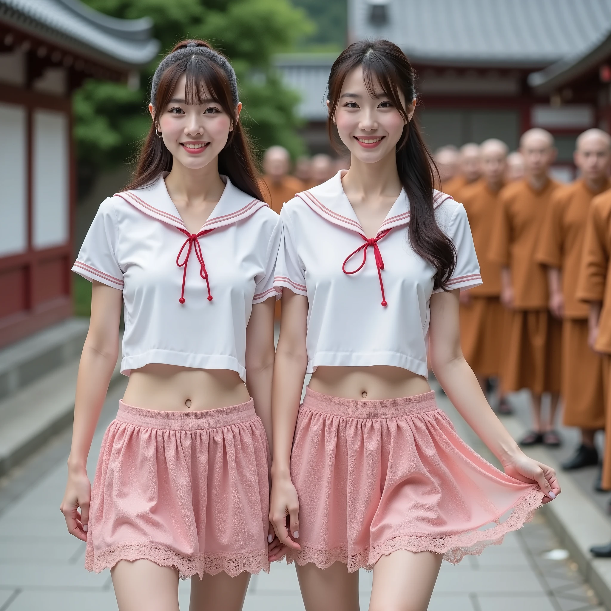 The top quality realistic focused 16k resolution RAW photo, The two beautiful A slender Japanese woman was photographed in a circular shape from head to toe in a cropped white sailor suit, The background shows ascetic monks with shaved heads walking in line in the temple grounds, The two beautiful women have super clear focus and the background is slightly blurry, They have happy smiles, have toned abs with a thin waist, Tight Thighs, perfect and beautiful face, Beautifully shaped breasts, ponytail, Sailor suit scarves are red, They have lifted their skirt slightly, The skirt is a pink glitter glitter lace mini flare skirt, serafuku,