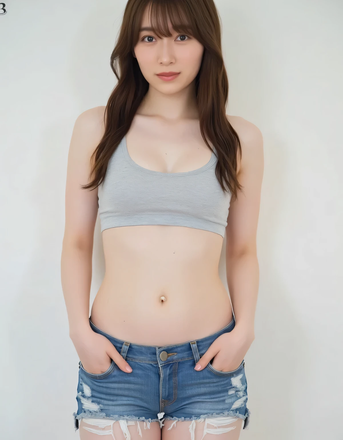 Japanese, (light gray sports bra), (((micro-damaged denim shorts))), belly button, full body, sexy, alone, white skin, full body, slim figure, bangs, wavy dark brown medium-long hair, ((hands in pockets: 1.8))