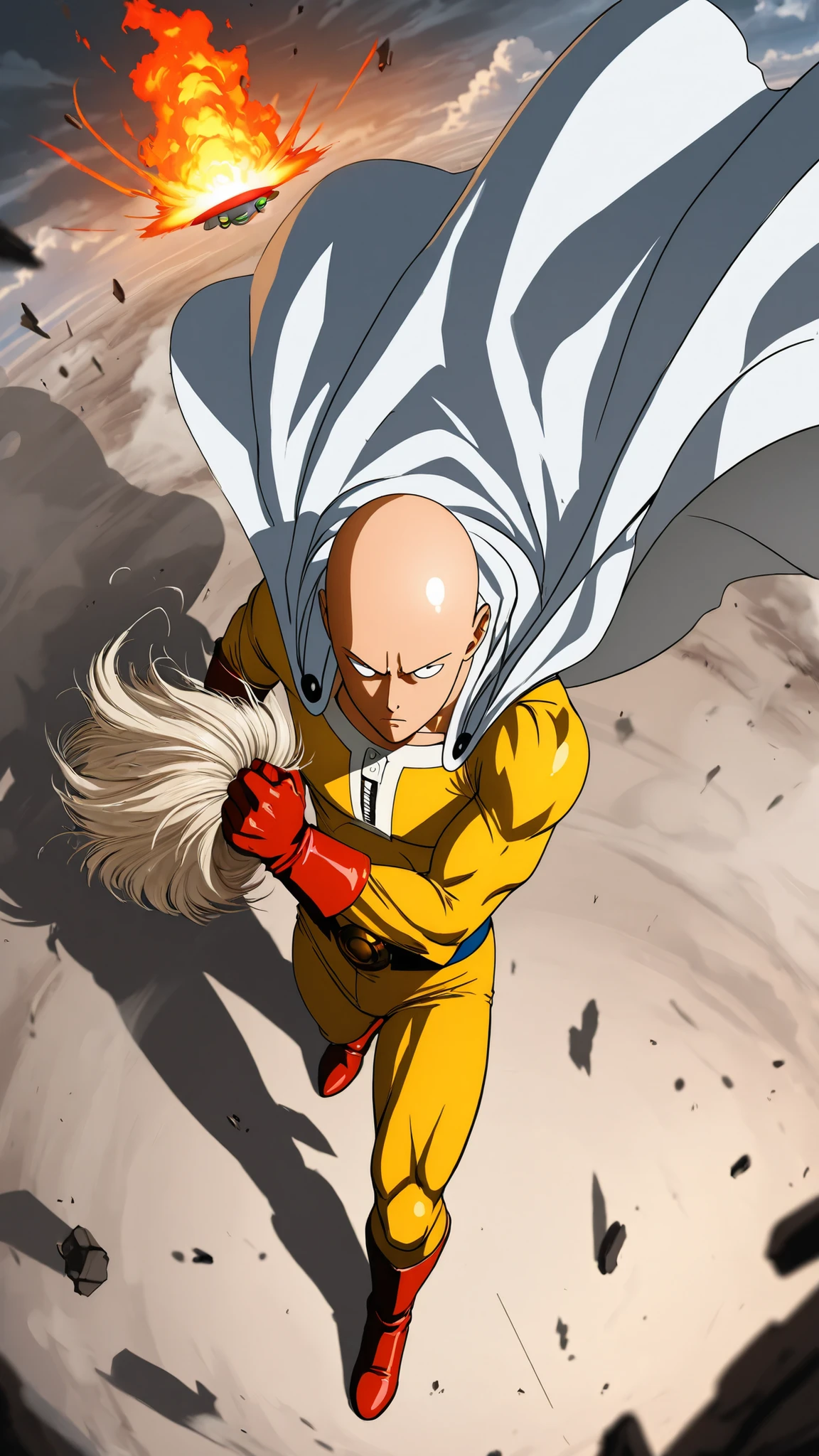 masterpiece, Hi-Res, very high resolution, 8k, Super Detailed, Highest Quality, Bald Hero, saitama, yellow bodysuit, White cape, Red gloves, Red Boots , Simple Face , angry expression, muscular physique, clasped hands, Right hand up, (Clutching the wig:1.2), a scene that penetrates a giant UFO and pops out, A giant UFO that can't fit the screen in the background, Smoke and Fire , Dust and debris, flying debris, dramatic lighting, Action Scene, Dynamic Angle, Cloudy sky, Dramatic Shadow, Professional Photoshoot, anime style, strong contrast, detailed fabric creases , Cape flowing in the wind, Strong stance, cinematic composition, (from above:1.5)