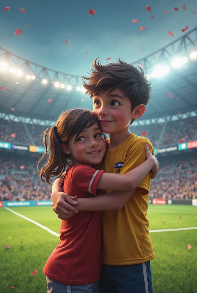 Couple women and men with same kit of real Madrid team with hug in stadium