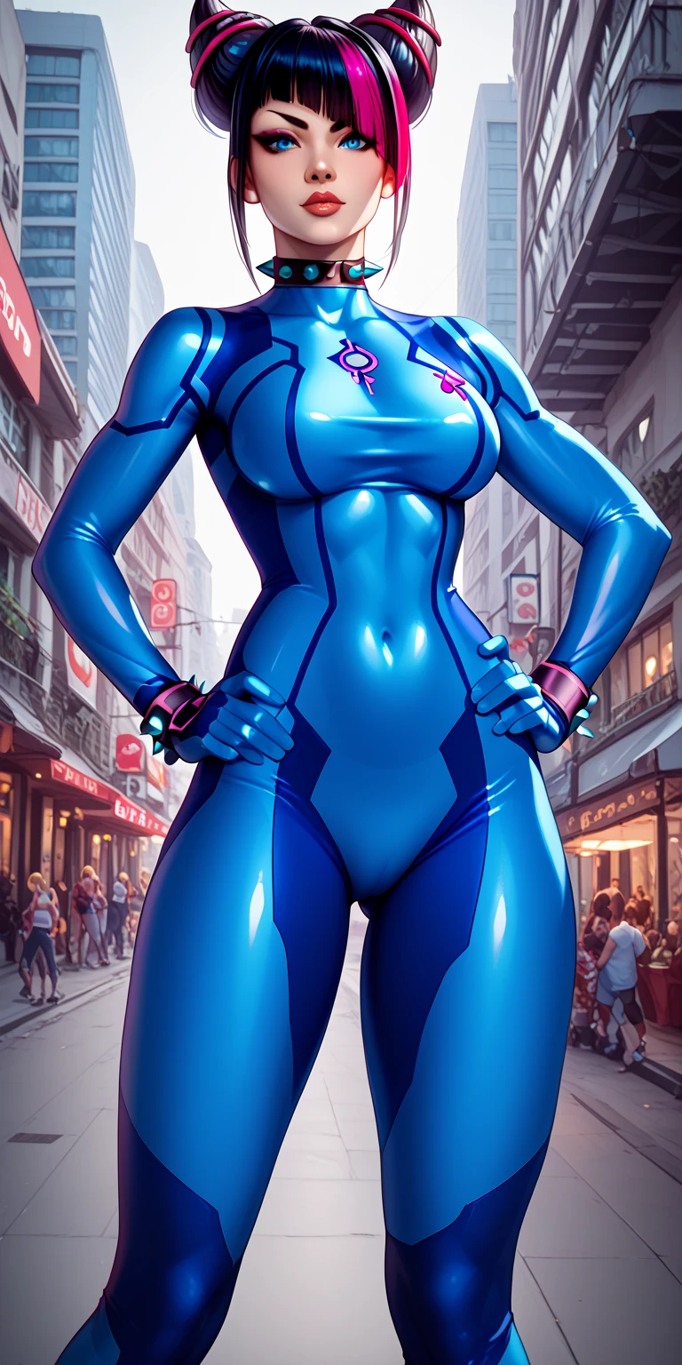 Lean fit agent honeydew girl from the dark knight stands imposing in a gothic lost city. ((Blue wetsuit)), zipper open, (((navel exposed, navel piercing))), cleavage, navel piercing, black hair, (gigantic breasts), Moonlight highlights her fit and lean figure, intricate wetsuit, logo on shoulder, (black utility belt), ((low sitting belt)), The scenery is grim and mysterious, with futuristic tech and surroundings. The camera details everything, (((masterpiece)))