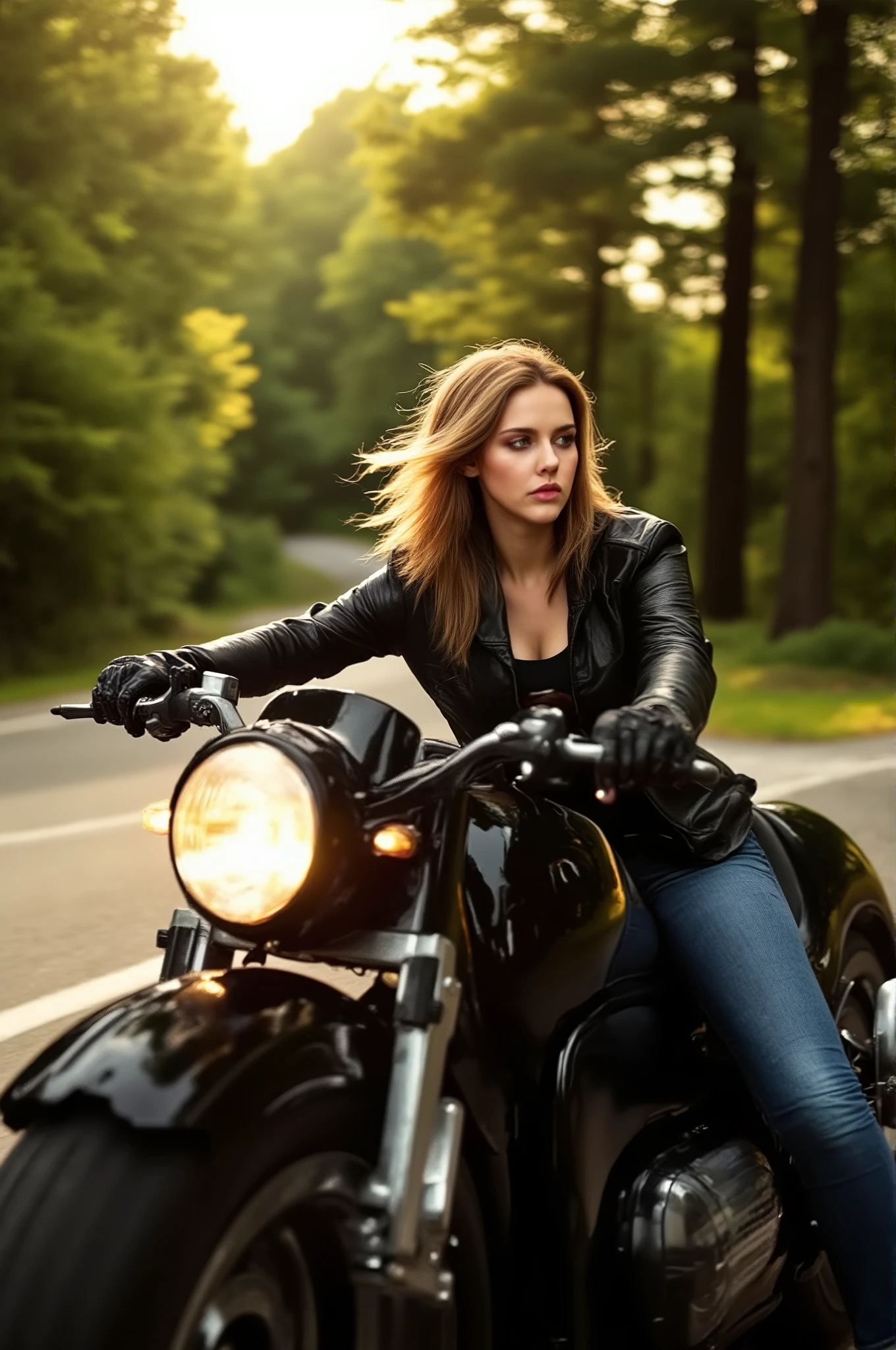 Alina Rin on a motorcycle, detailed portrait, woman riding motorcycle, confident expression, windblown hair, leather jacket, jeans, riding gloves, high-speed motion blur, dynamic composition, rural road, lush forest background, golden hour lighting, cinematic colors, dramatic atmosphere, Unreal Engine, 8K, highly detailed, photorealistic, professional photography