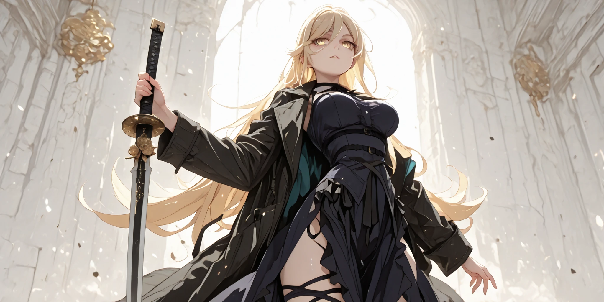 A masterpiece, ultra high quality, ultra-detailed. A 1.50m tall girl, light blonde hair with subtle gray tones, slightly messy tips, long bangs, highly detailed long hair styled like Oshino Shinobu from Monogatari Series. Golden eyes with an extremely detailed gaze, wearing a sadistic and confident expression. Fair skin, youthful curves, medium breasts, slim hips, large buttocks, perfect anatomy, perfect hands, perfectly detailed face. Her face resembles Sylpha Langlis from Tensei Shitara Dai Nana Ōji. She is kneeling, her body wrapped around an enormous black katana with golden ornaments — a weapon much larger than herself — which is embedded into the ground. Both hands are raised, gripping the katana’s hilt. Her pose is sensual and seductive. She wears a red gala dress with black frills, along with a black military coat identical to Dusk from Arknights, draped loosely and sliding off her arms. The scene has a rustic yet elegant feel. The background is pure black. Ultra-detailed eyes, hair, and fabric textures. Viewer perspective — she is looking directly at the spectator.