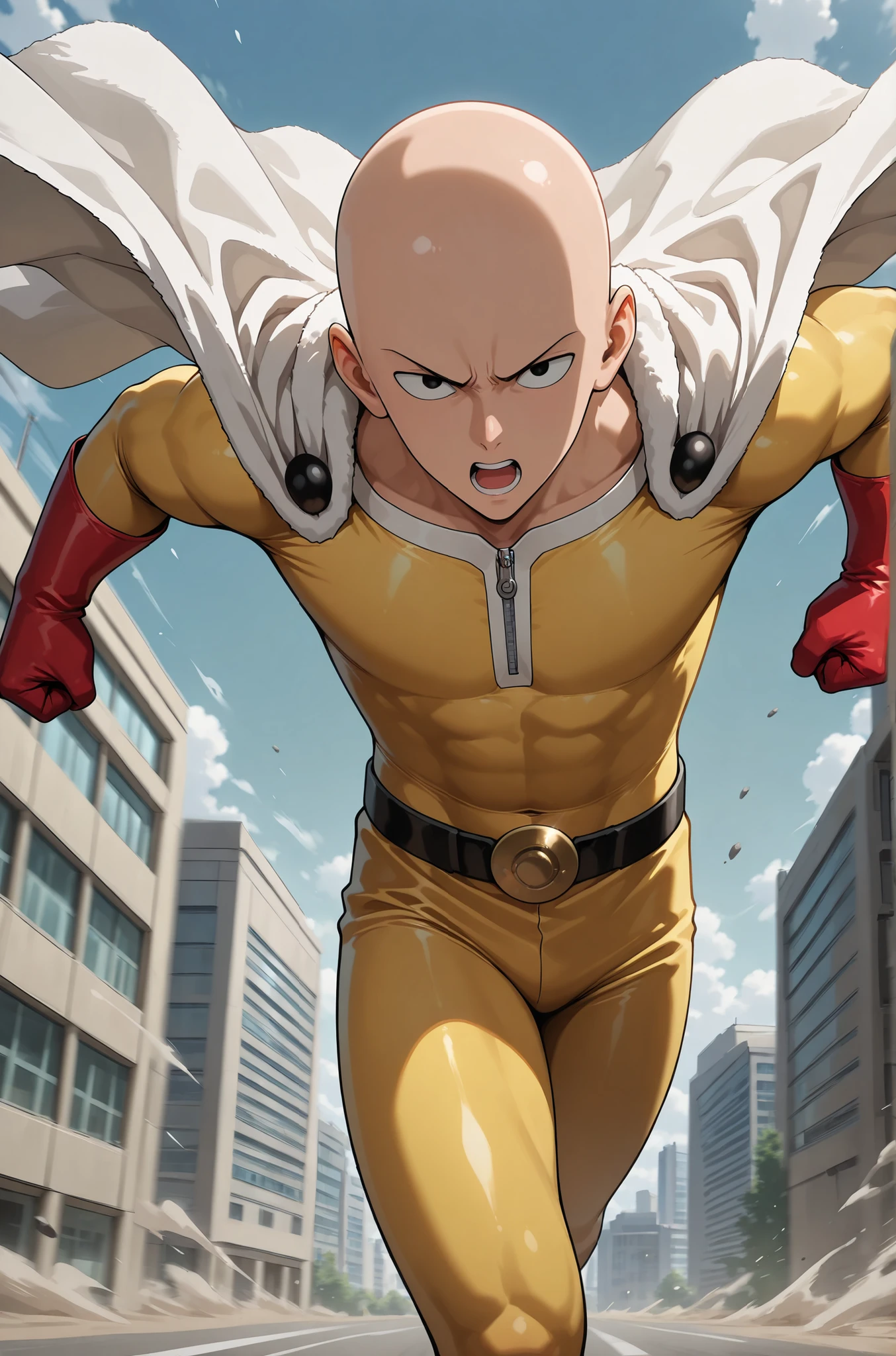 masterpiece,best quality,amazing quality,very aesthetic,absurdres,newest,one-punch_man, saitama_(one-punch_man), absurdres, highres, variant_set, 1boy, bald, belt, black_belt, black_eyes, bodysuit, cape, clenched_hand, collarbone, d:, emphasis_lines, floating_cape, foot_out_of_frame, frown, gloves, incoming_attack, leaning_forward, looking_at_viewer, male_focus, motion_blur, nose, open_mouth, red_gloves, running, city ruin_background, solo, superhero_costume, white_cape, yellow_bodysuit,
,anime screencap,anime coloring,anime screenshot