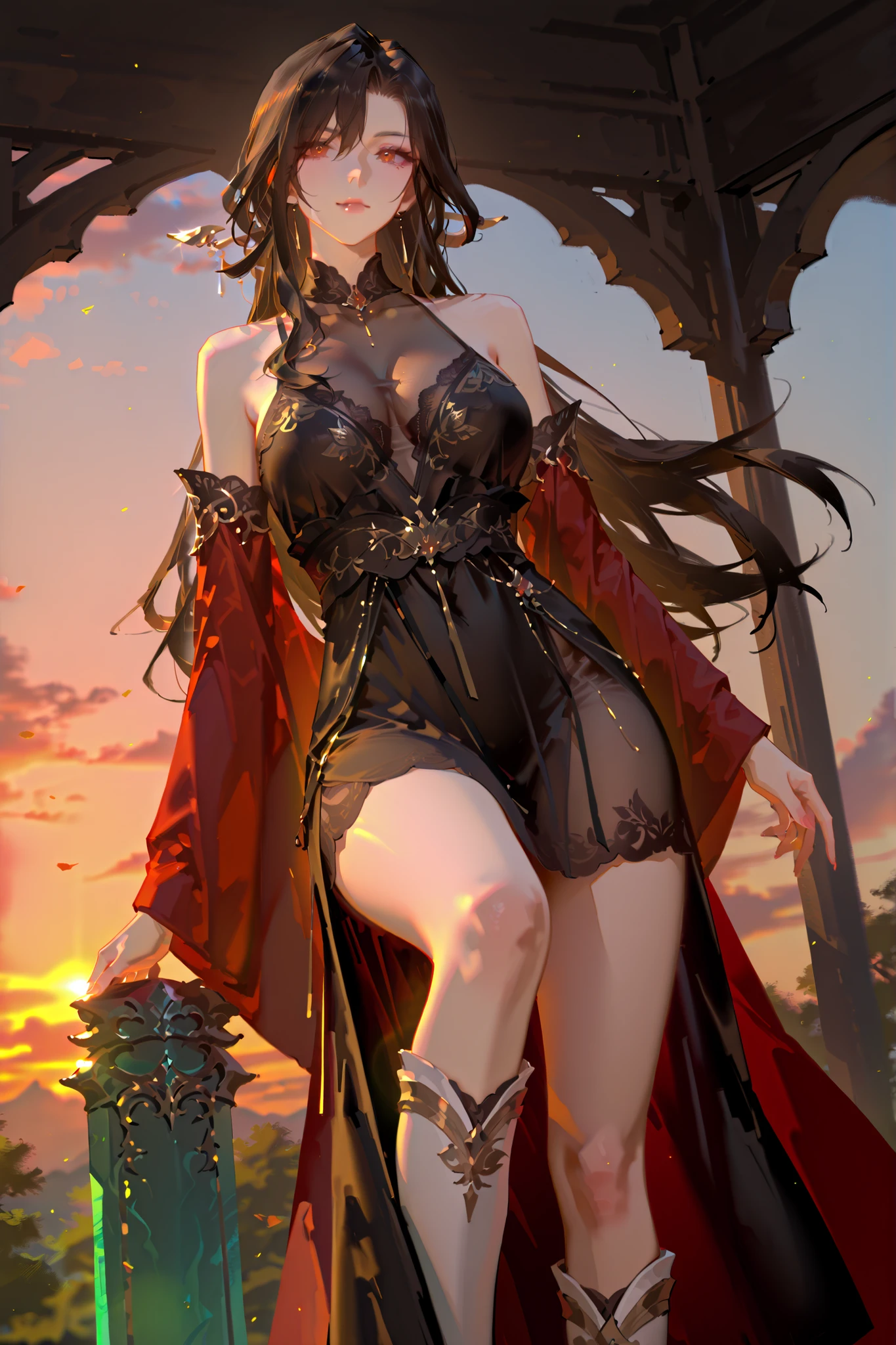 (masterpiece after sex:1.2, best quality), (exquisite and beautiful eyes: 1.2), (Beautiful and delicate faces, OK_hand)。A mature woman with flowing black hair and piercing eyes. She wears layered ancient-style attire: a sheer black camisole with lace trim as the base layer, covered by a dark long-sleeved robe. Knee-high boots complete the look. Exquisite embroidery blends Xianxia elegance with dark fantasy aesthetics.